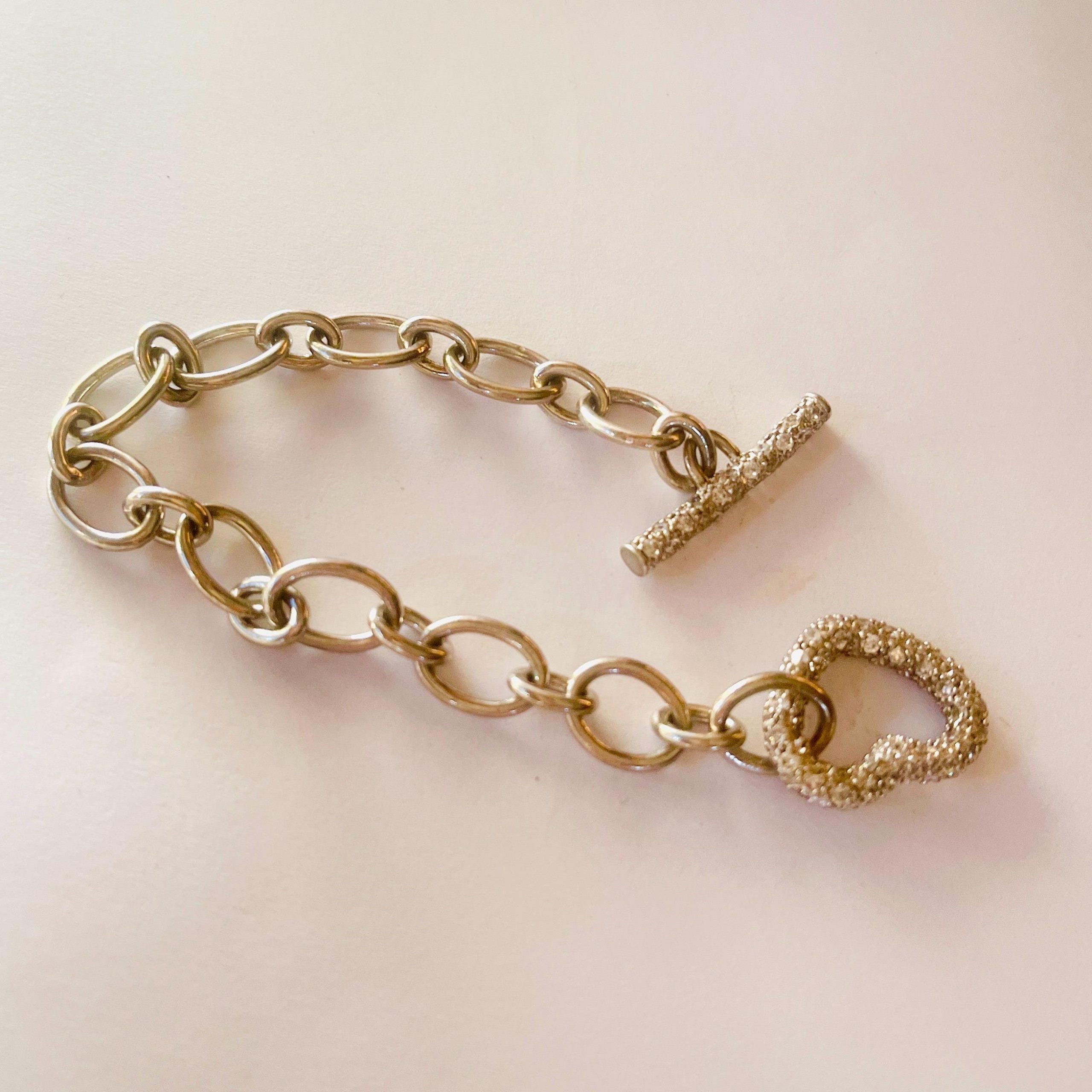 Natural Diamond Heart Clasp Bracelet: Sterling Silver Charm Link, 7 Inch - Image 3