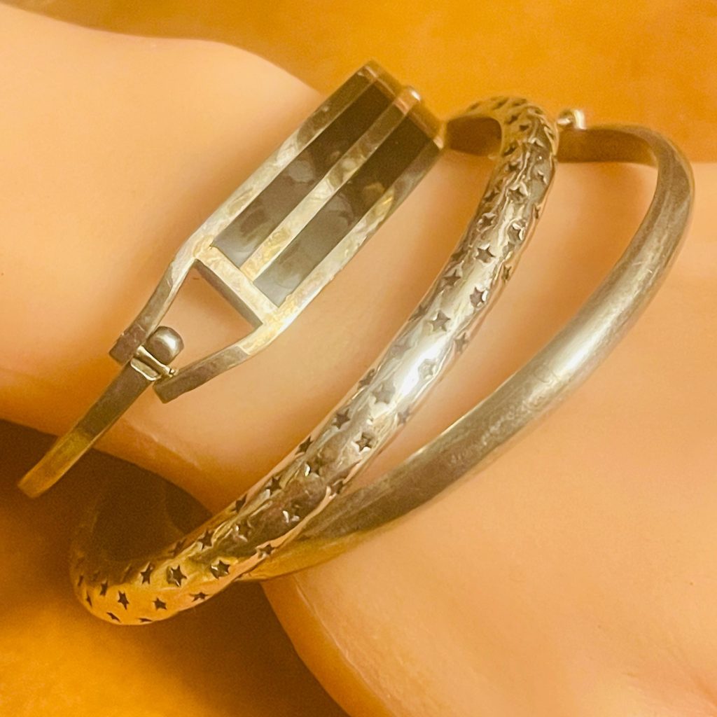 Vintage Sterling Silver Bracelets: Onyx Clasp Bracelet, Star Cuff, Silver bangle with safety chain