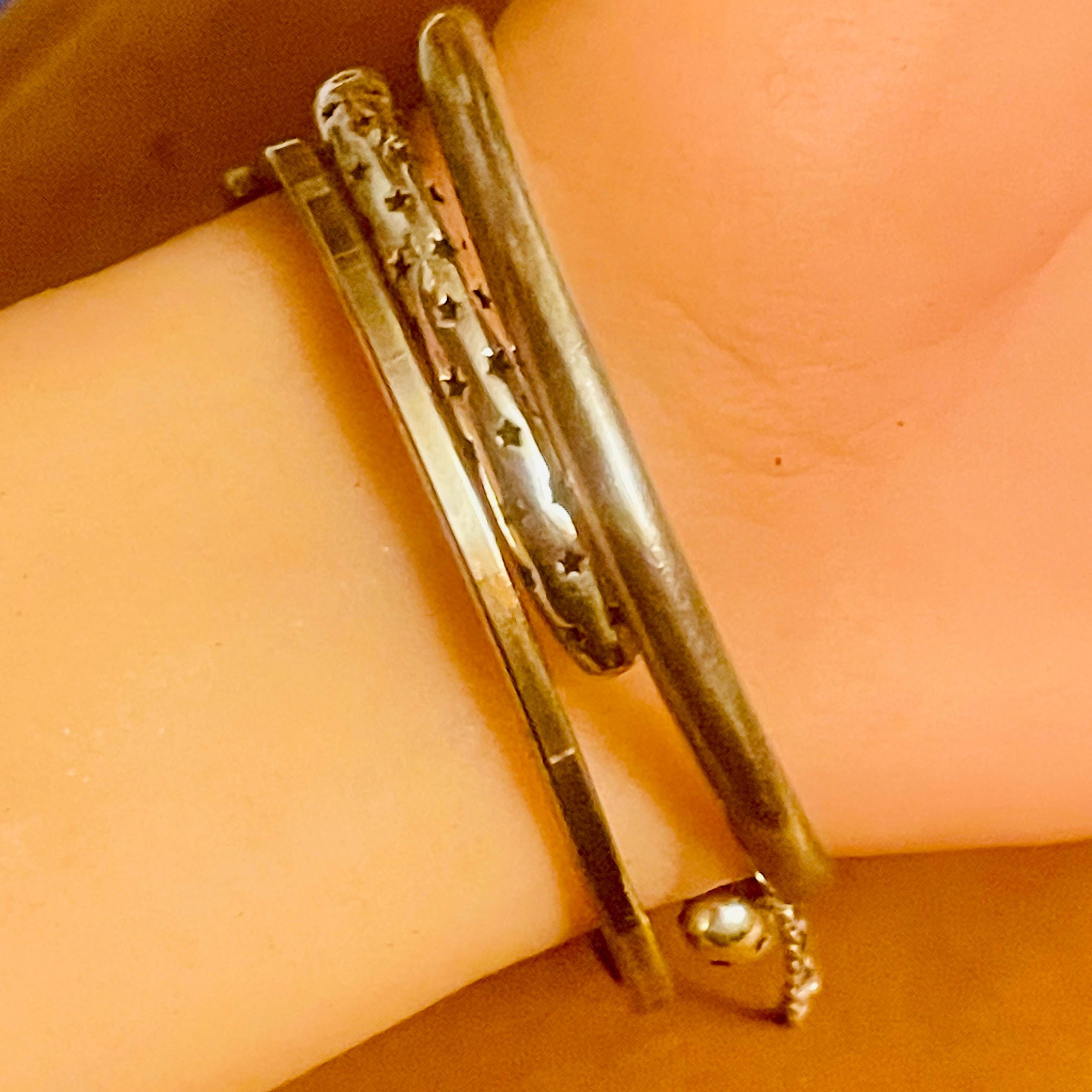 Vintage Sterling Silver Bracelets: Onyx Clasp Bracelet, Star Cuff, Silver bangle with safety chain - Image 7