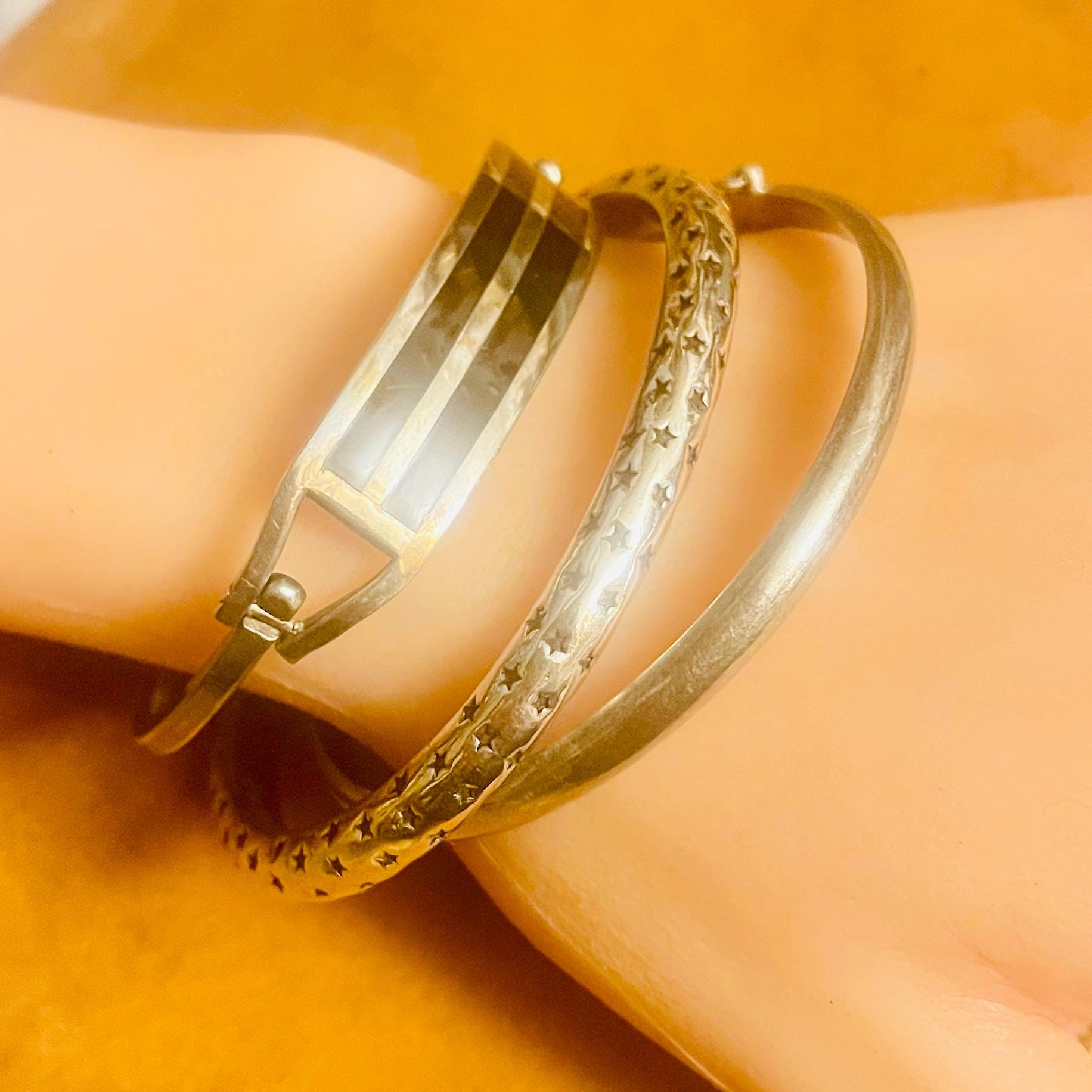 Vintage Sterling Silver Bracelets: Onyx Clasp Bracelet, Star Cuff, Silver bangle with safety chain - Image 8