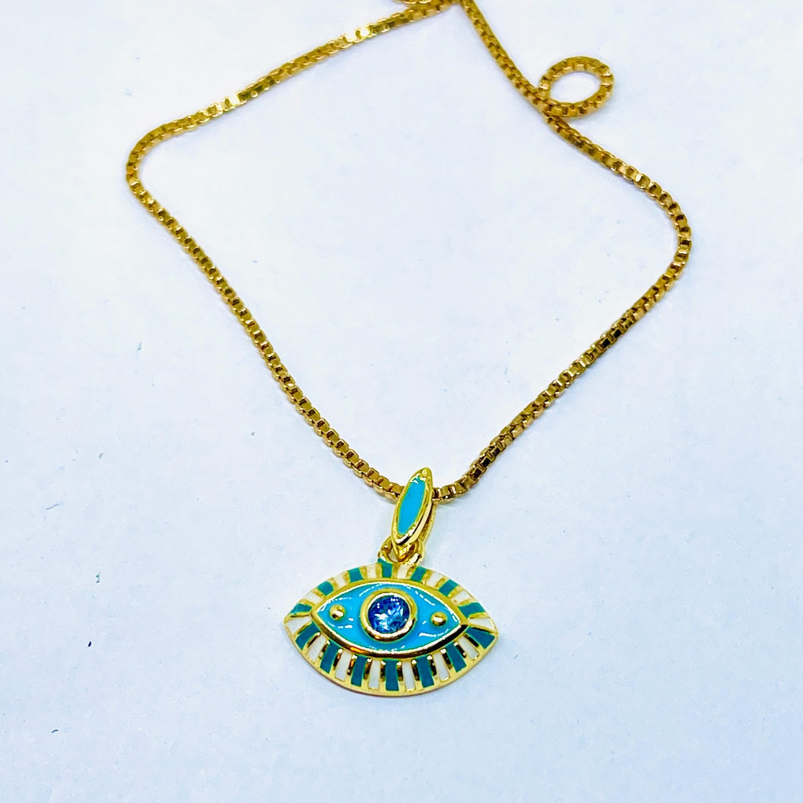 18K Gold Evil Eye Necklace: Handmade Squared box Chain - Image 9