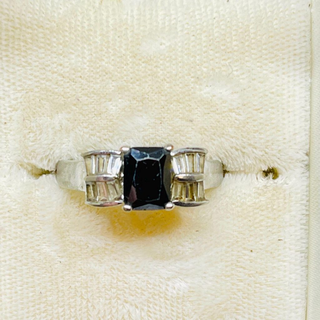 Vintage dark sapphire and diamond baguette Ring- Sterling silver size 9 ring for her