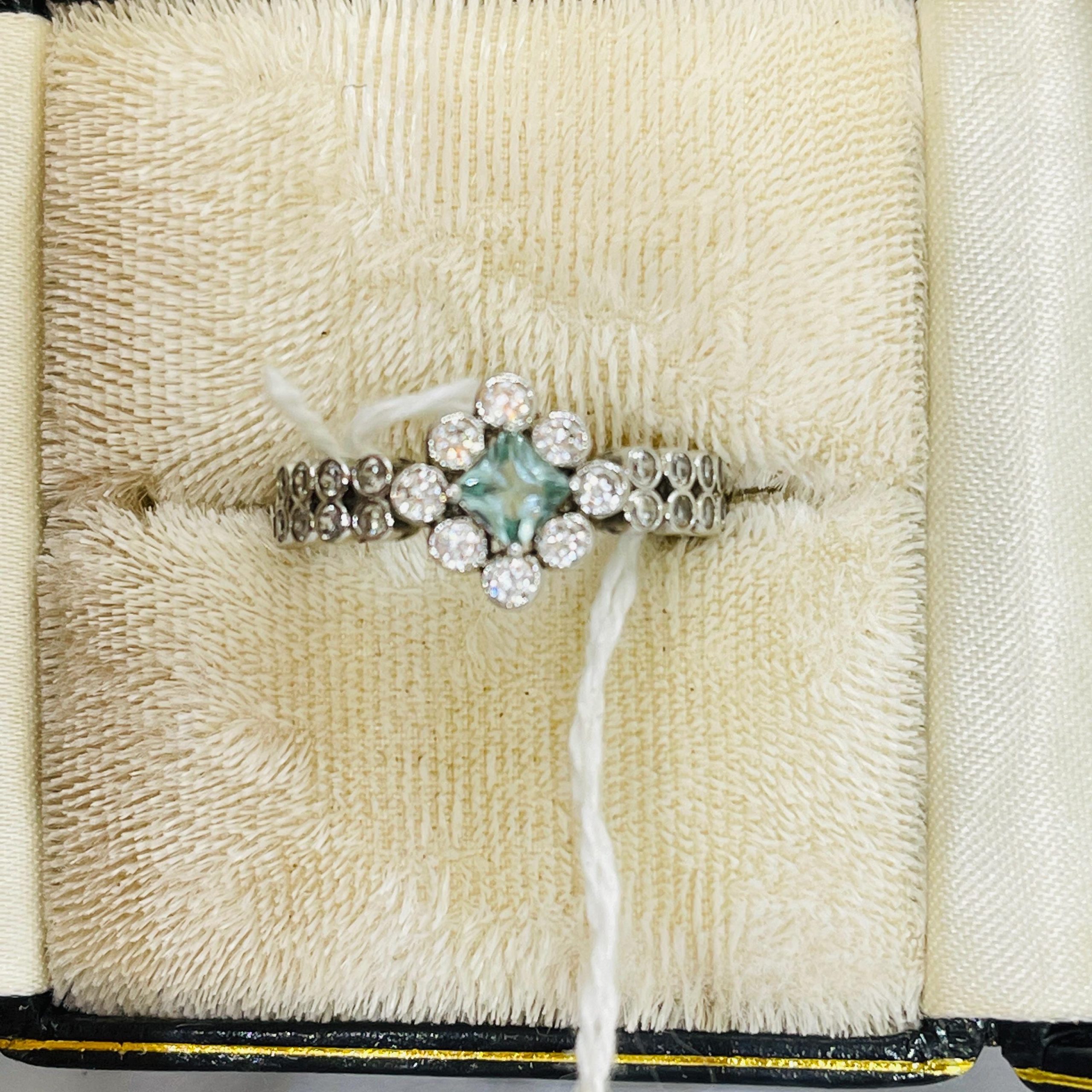 Art Nouveau Sterling Silver Aquamarine and diamond Ring - Size 7 - Image 2