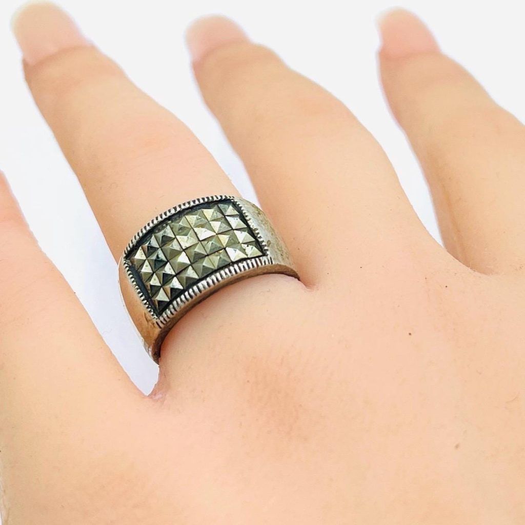 Vintage Pyrite Sterling Silver Ring - Studded Band, Size 5