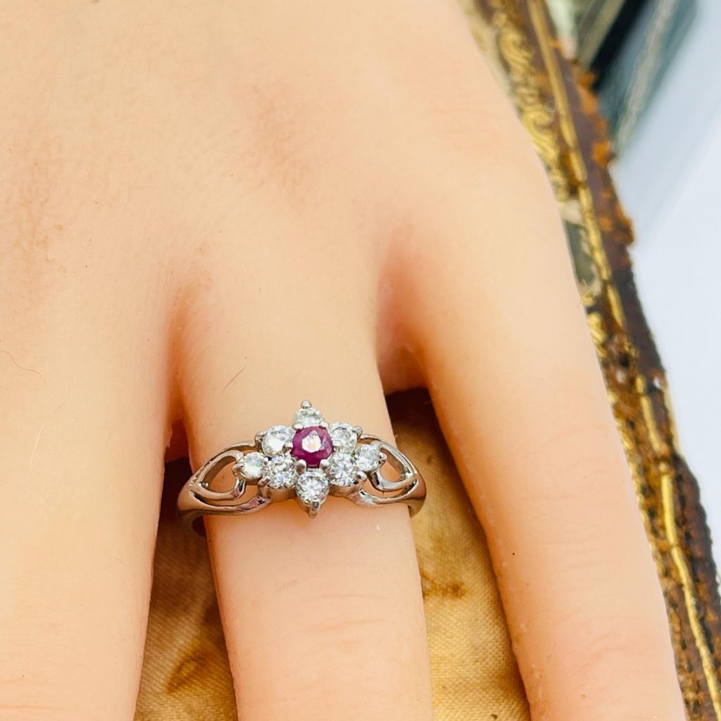 Vintage Diamond Natural Ruby Ring: Signed Sterling silver Anniversary Ring, Size 7