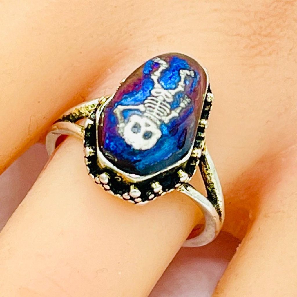 Memento Mori Ring: Gothic Purple Blue Coffin, skeleton handmade sterling silver ring
