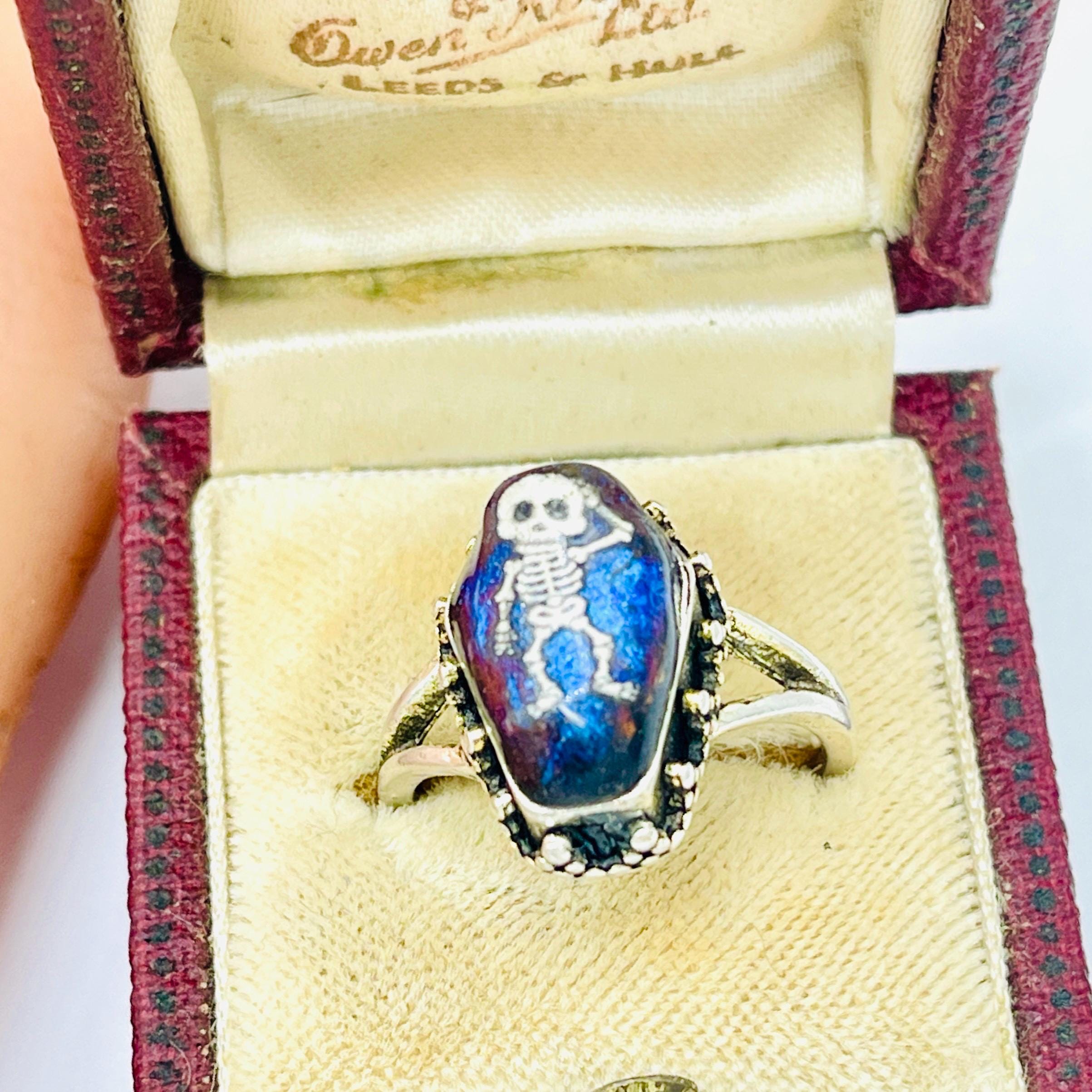 Memento Mori Ring: Gothic Purple Blue Coffin, skeleton handmade sterling silver ring - Image 7