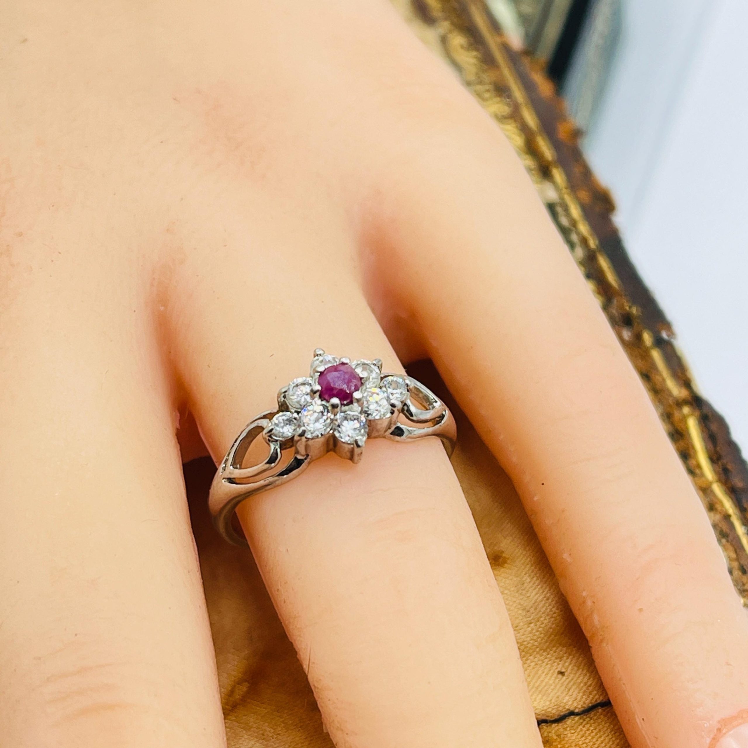 Vintage Diamond Natural Ruby Ring: Signed Sterling silver Anniversary Ring, Size 7 - Image 10
