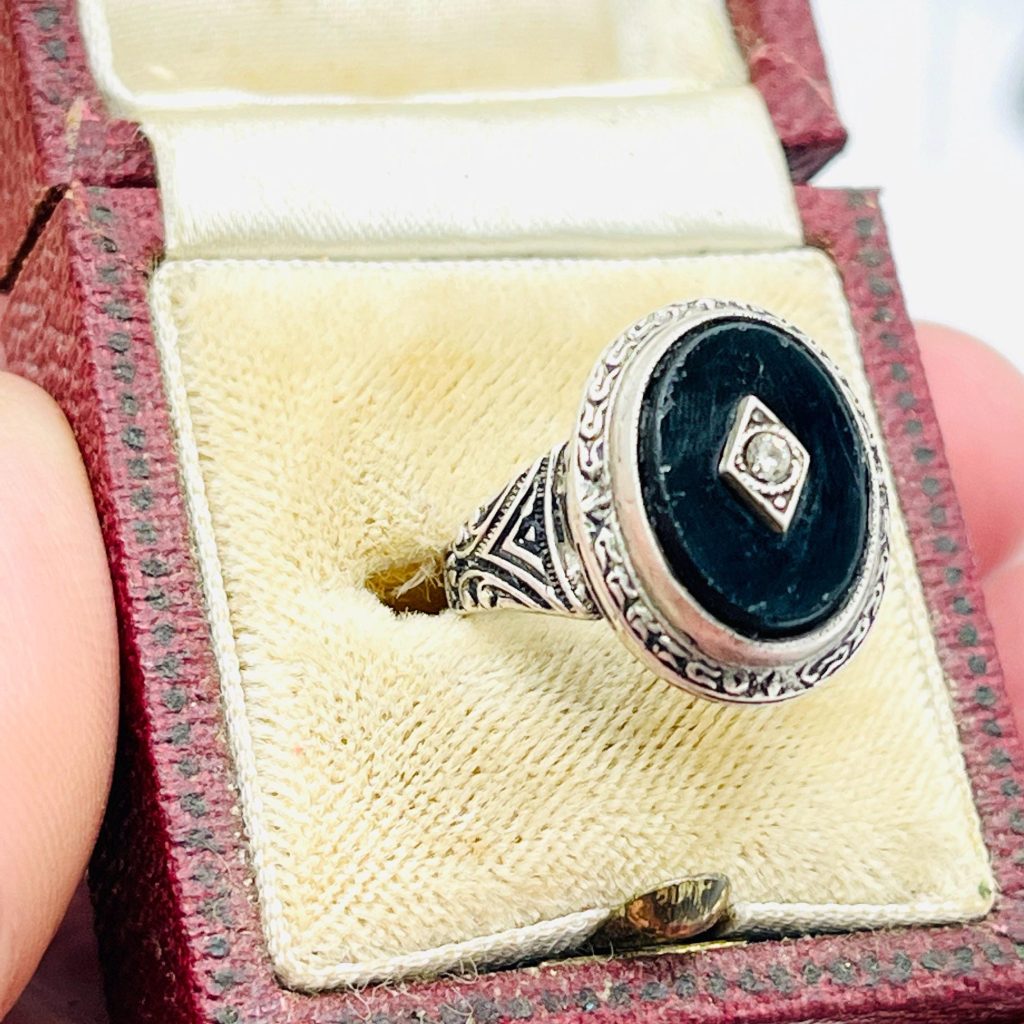 Gothic Memento Mori Ring: Onyx, diamond sterling silver antique ring size 6