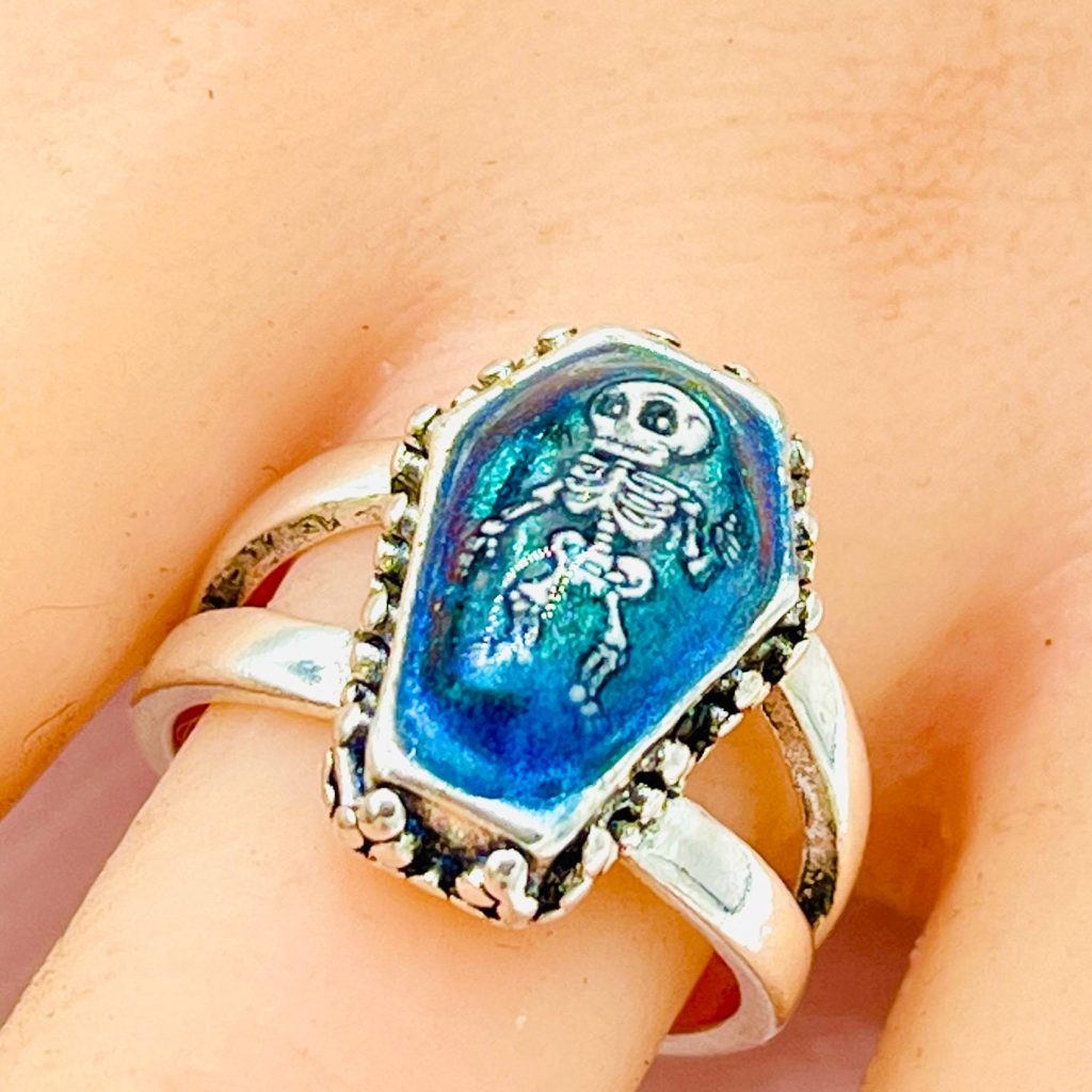 Memento Mori Ring: Gothic Green Blue Coffin, sterling silver