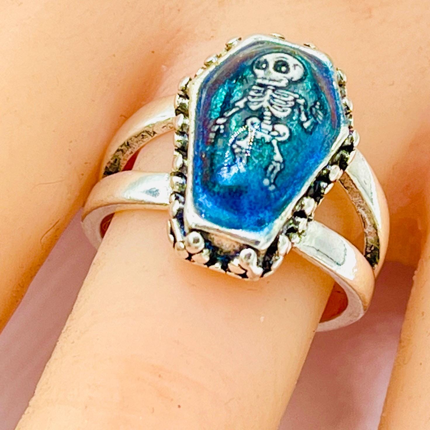 Memento Mori Ring: Gothic Green Blue Coffin, sterling silver - Image 3