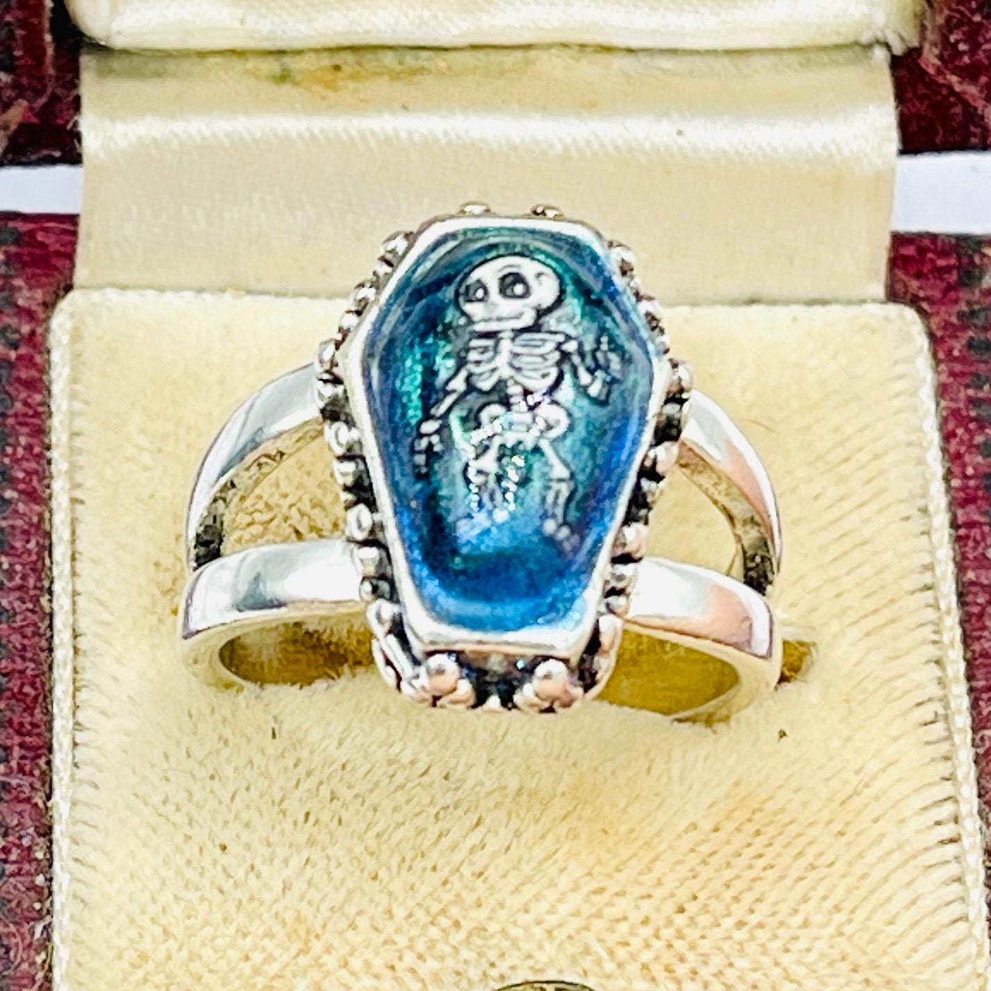 Memento Mori Ring: Gothic Green Blue Coffin, sterling silver - Image 4