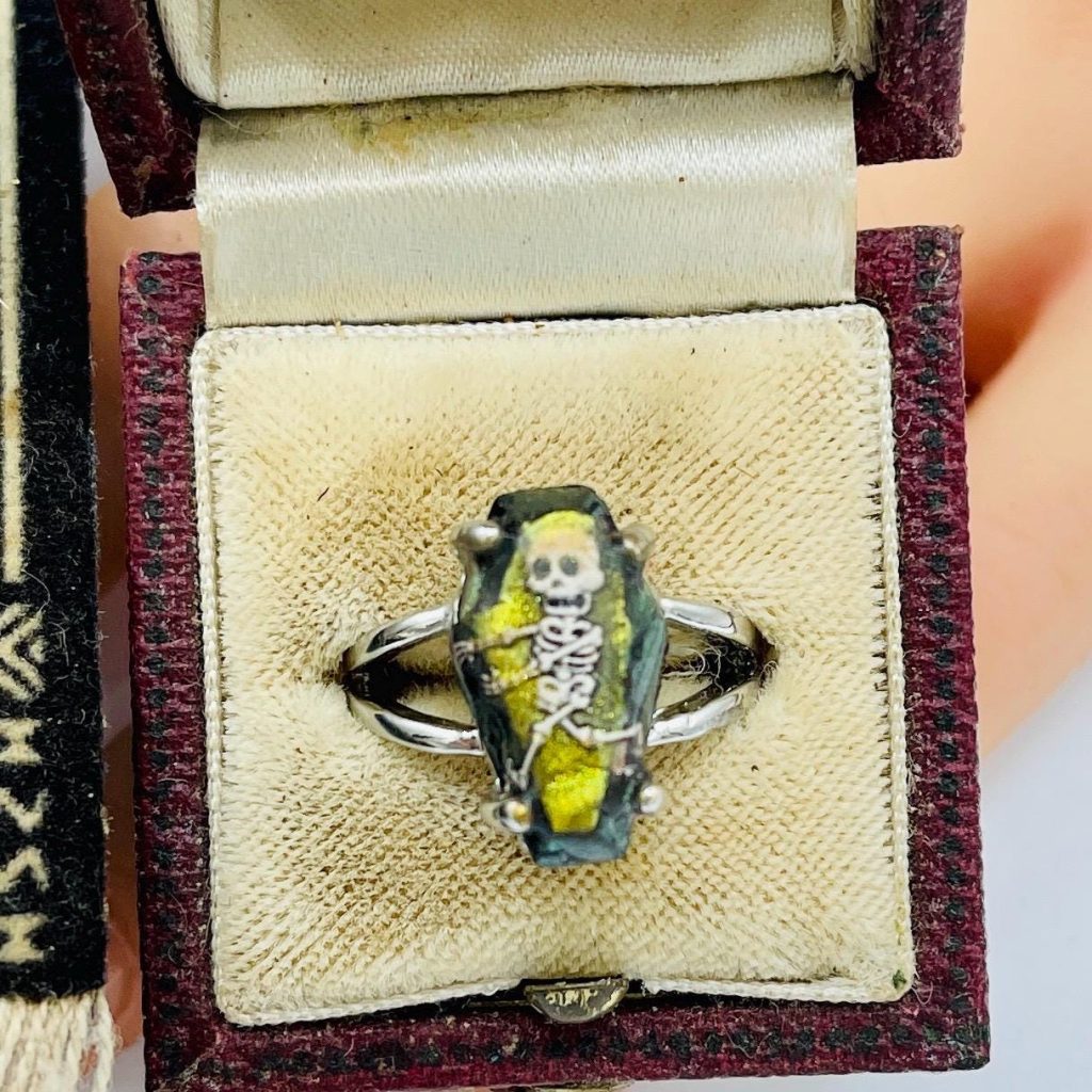 Gothic Memento Mori Ring: Golden Green Coffin, skeleton sterling silver ring