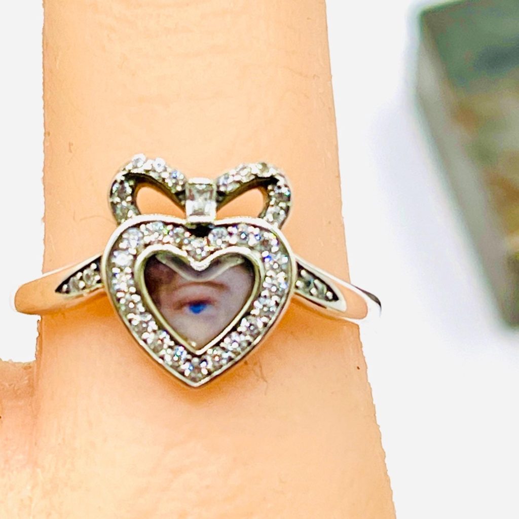 Victorian Lovers Eye Ring: Sterling Silver Heart Bow, Size 8