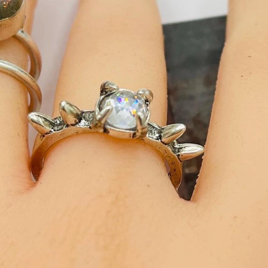 Gothic Silver Spike Ring, 1 Carat Rose Cut Topaz, Size 8
