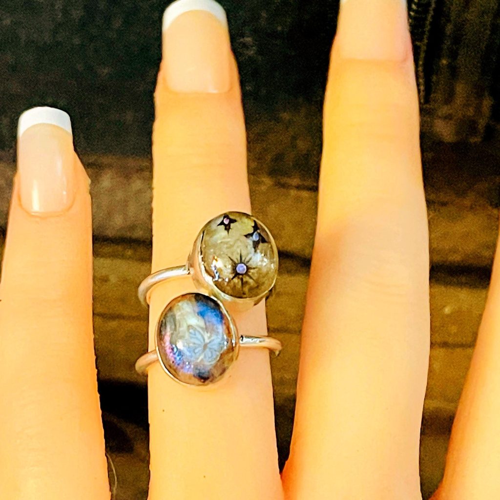 Labradorite Silver Ring: moon and stars Glow in the dark butterfly sterling ring