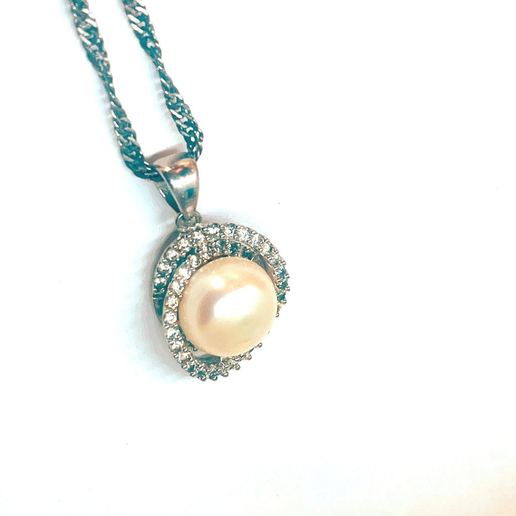 Vintage Mabe Pearl Diamond Sterling Silver Pendant Necklace