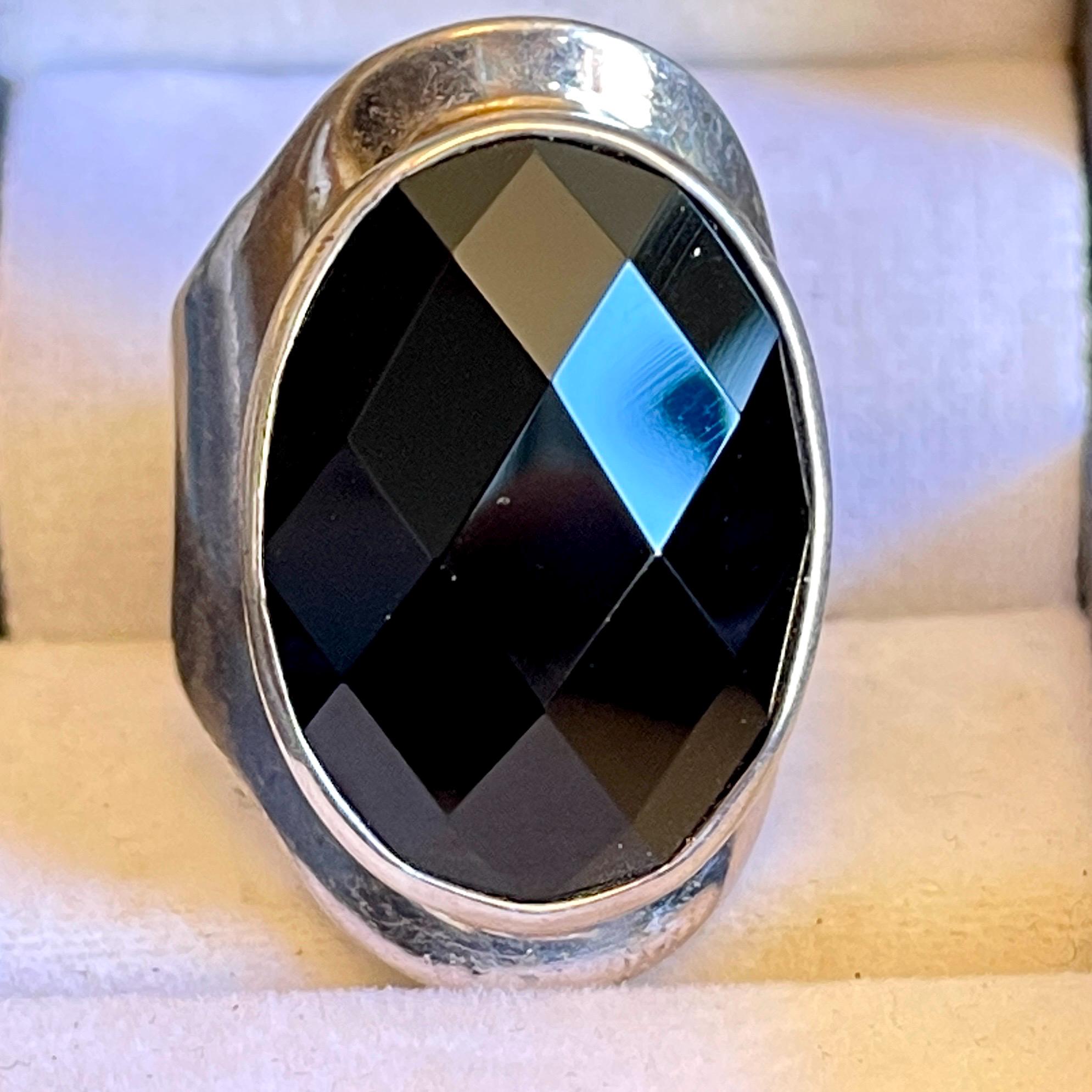 Vintage Black Onyx Ring - Signed Sterling Silver Adjustable Band - Image 3