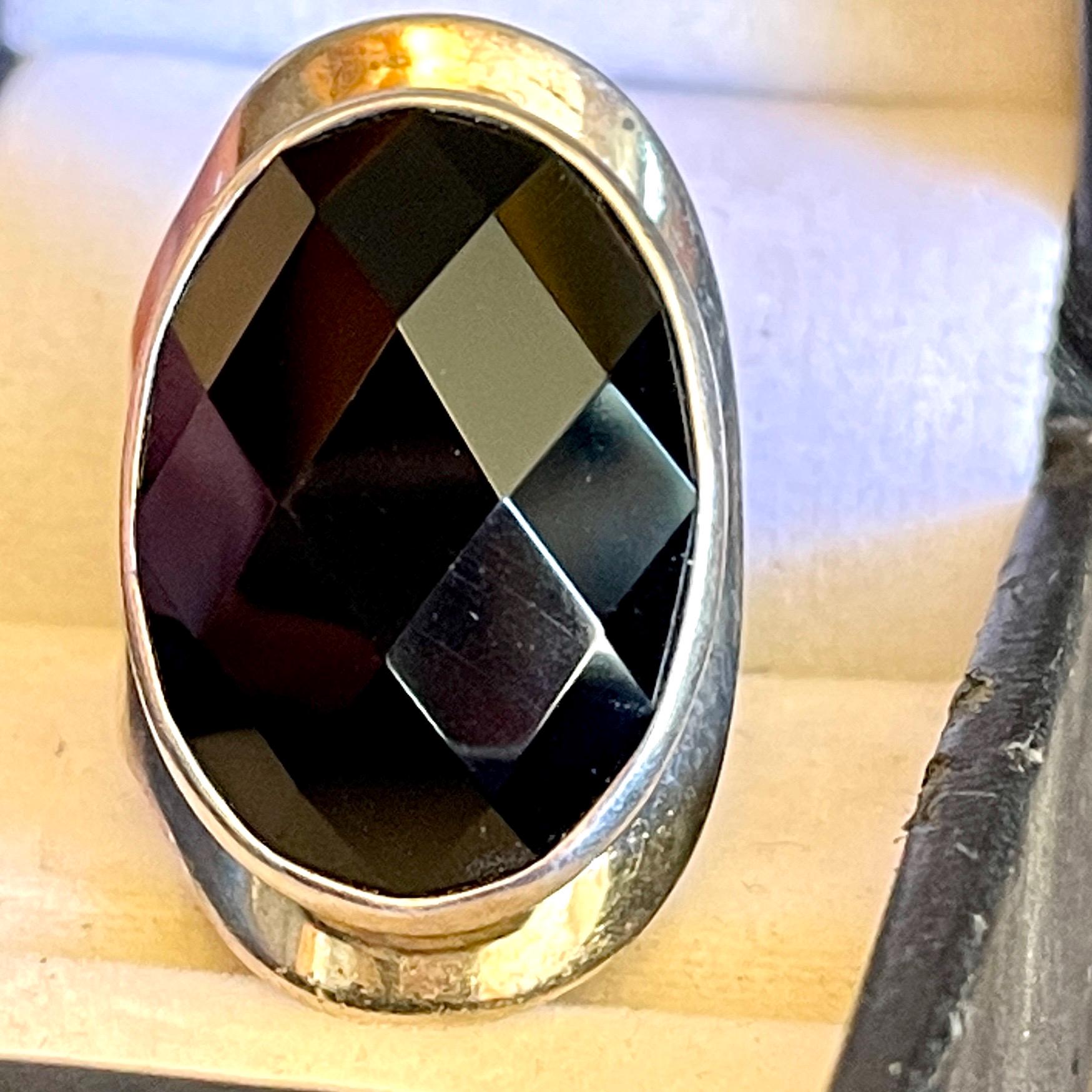 Vintage Black Onyx Ring - Signed Sterling Silver Adjustable Band - Image 2