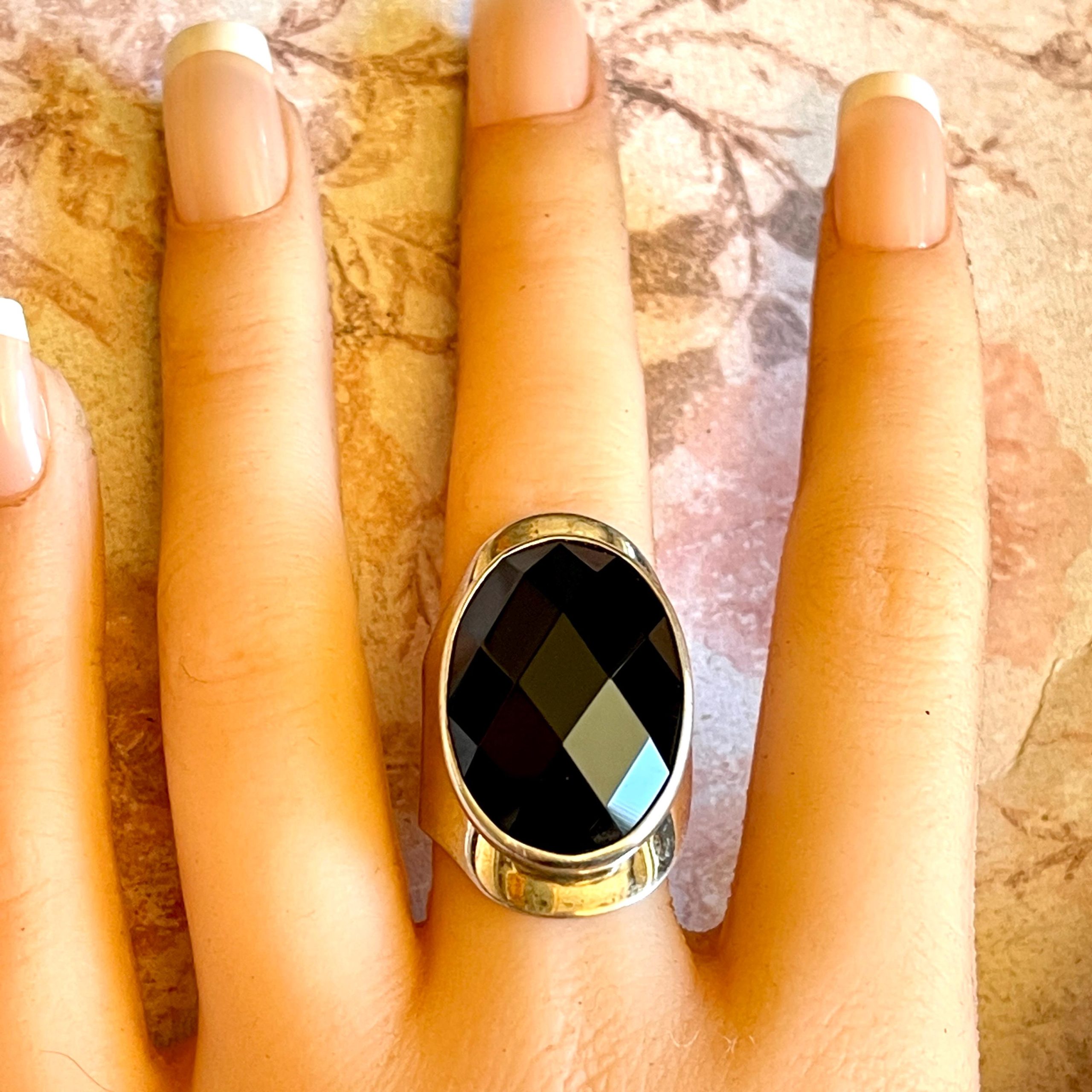 Vintage Black Onyx Ring - Signed Sterling Silver Adjustable Band - Image 6