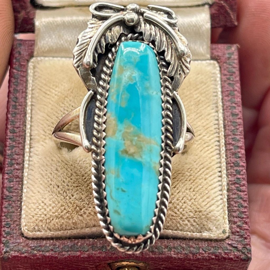 Vintage Turquoise Statement Ring Signed Sterling Silver Long Navajo Style Leaf Design Southwestern Cocktail Ring