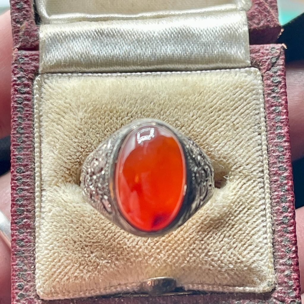 Vintage Carnelian Statement Ring Signed Sterling silver ornate size 7 ring
