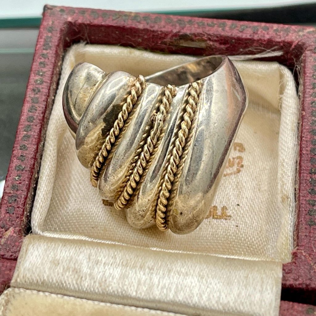 Vintage Sterling Silver Gold Accent Statement Ring, Size 8