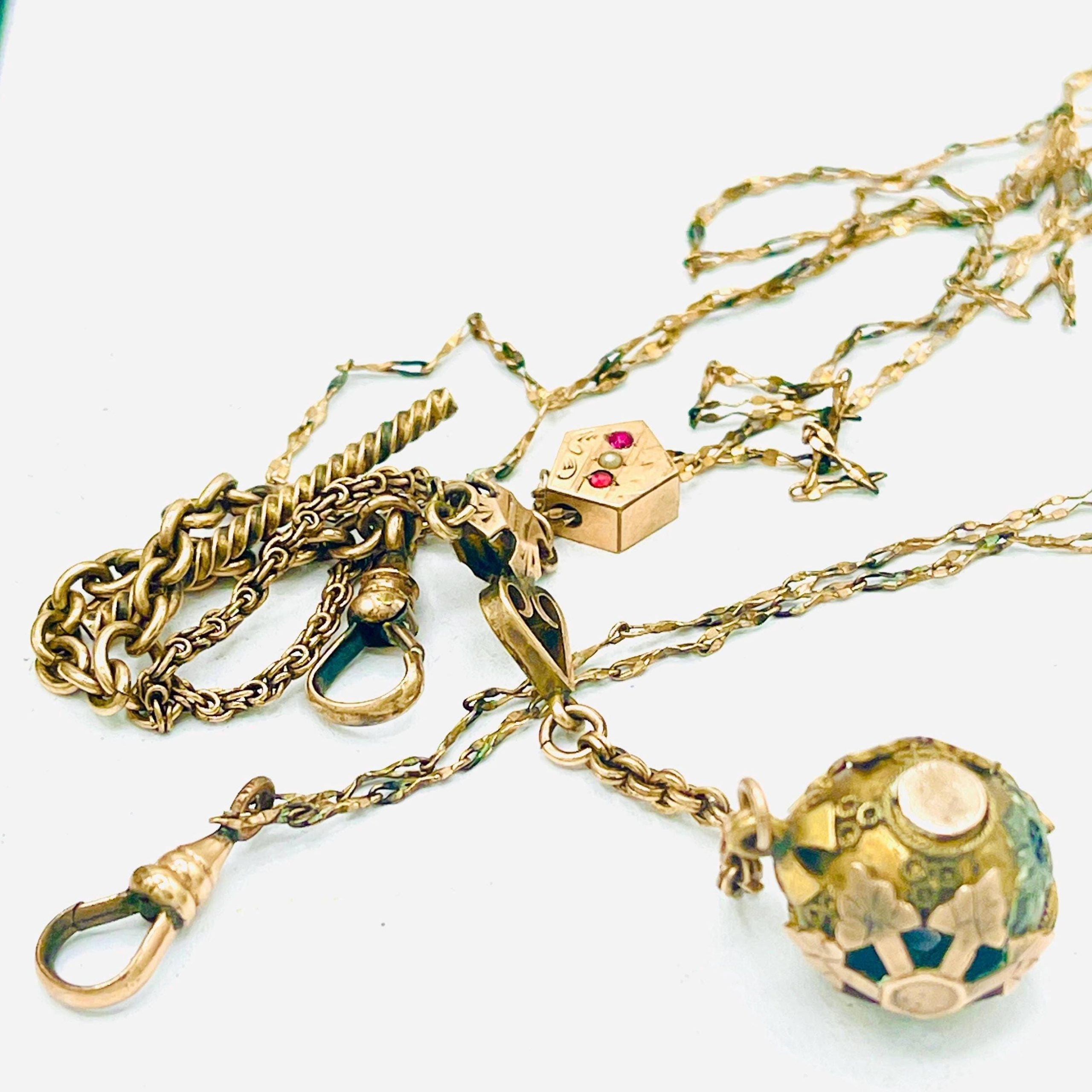 Victorian Ruby slide Orb watch fob Necklace - 14k Long Yellow Gold Chain