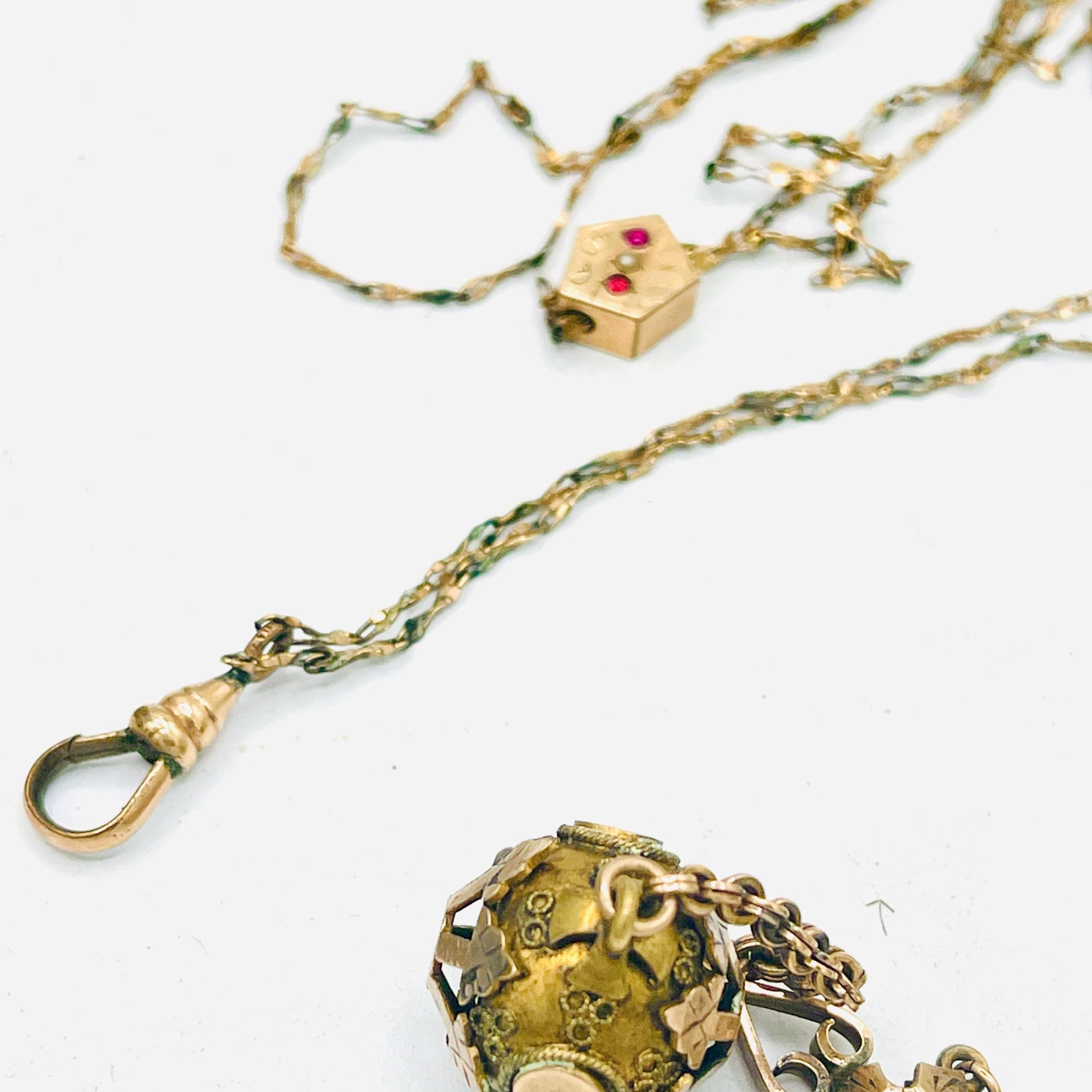 Victorian Ruby slide Orb watch fob Necklace - 14k Long Yellow Gold Chain - Image 9