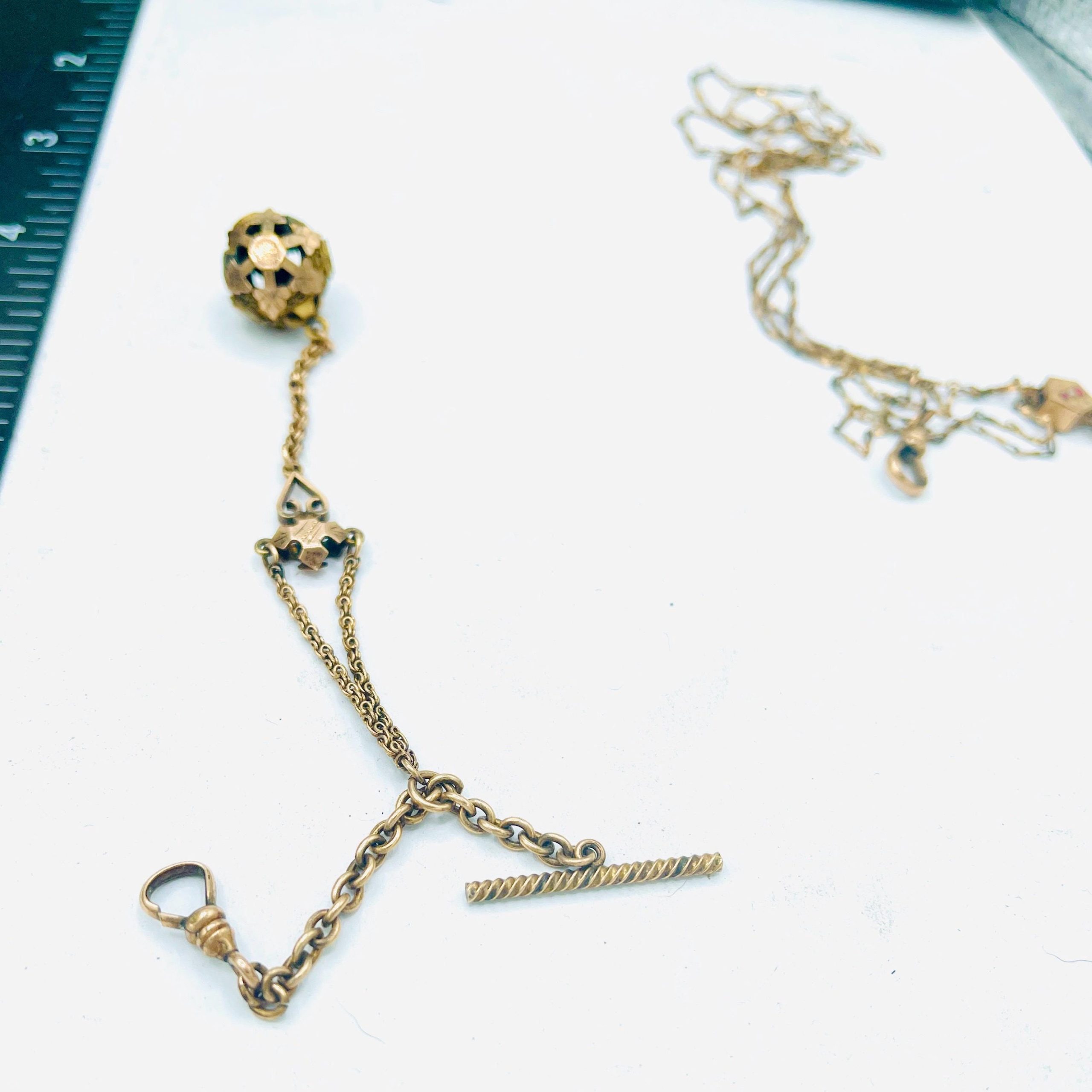 Victorian Ruby slide Orb watch fob Necklace - 14k Long Yellow Gold Chain - Image 6