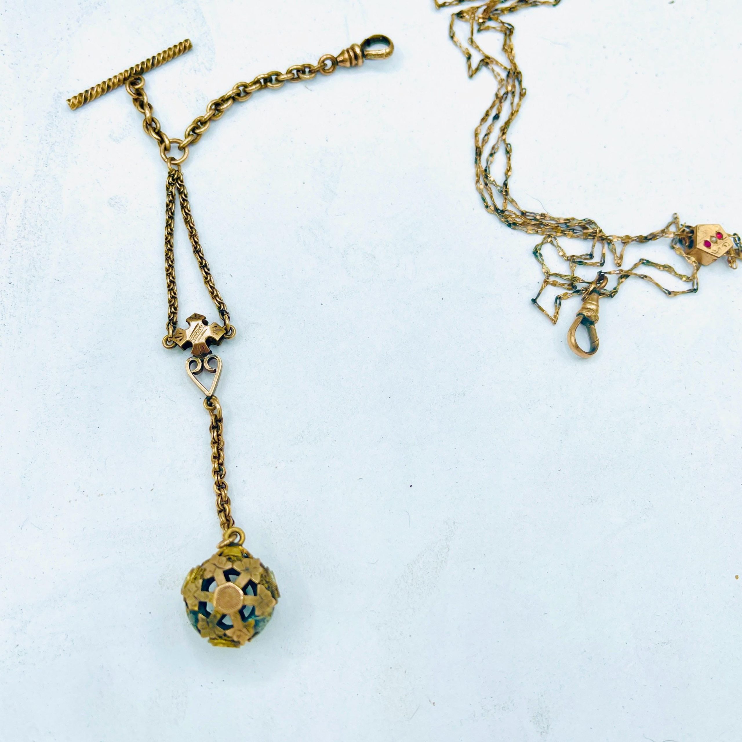 Victorian Ruby slide Orb watch fob Necklace - 14k Long Yellow Gold Chain - Image 7