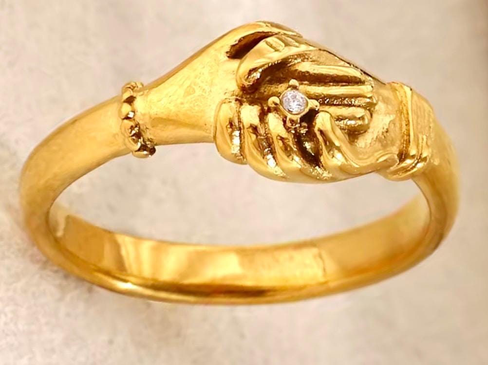 Victorian Fede Hands Ring, 18k Gold Vermeil, Simulated Diamond - Image 8
