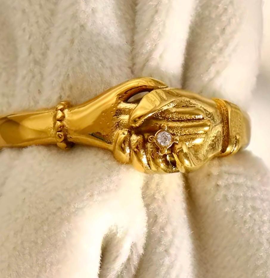 Victorian Fede Hands Ring, 18k Gold Vermeil, Simulated Diamond - Image 10