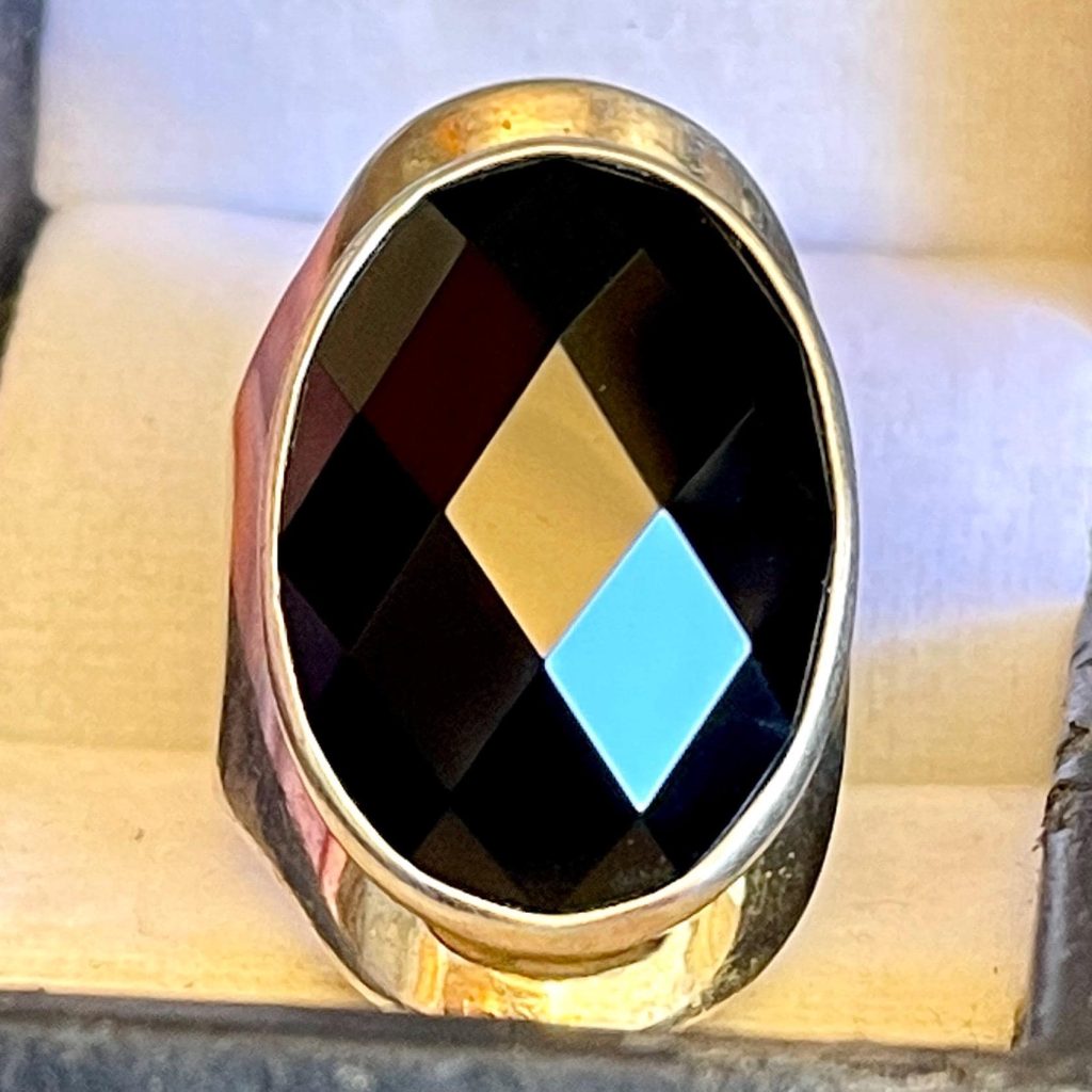 Vintage Black Onyx Ring - Signed Sterling Silver Adjustable Band