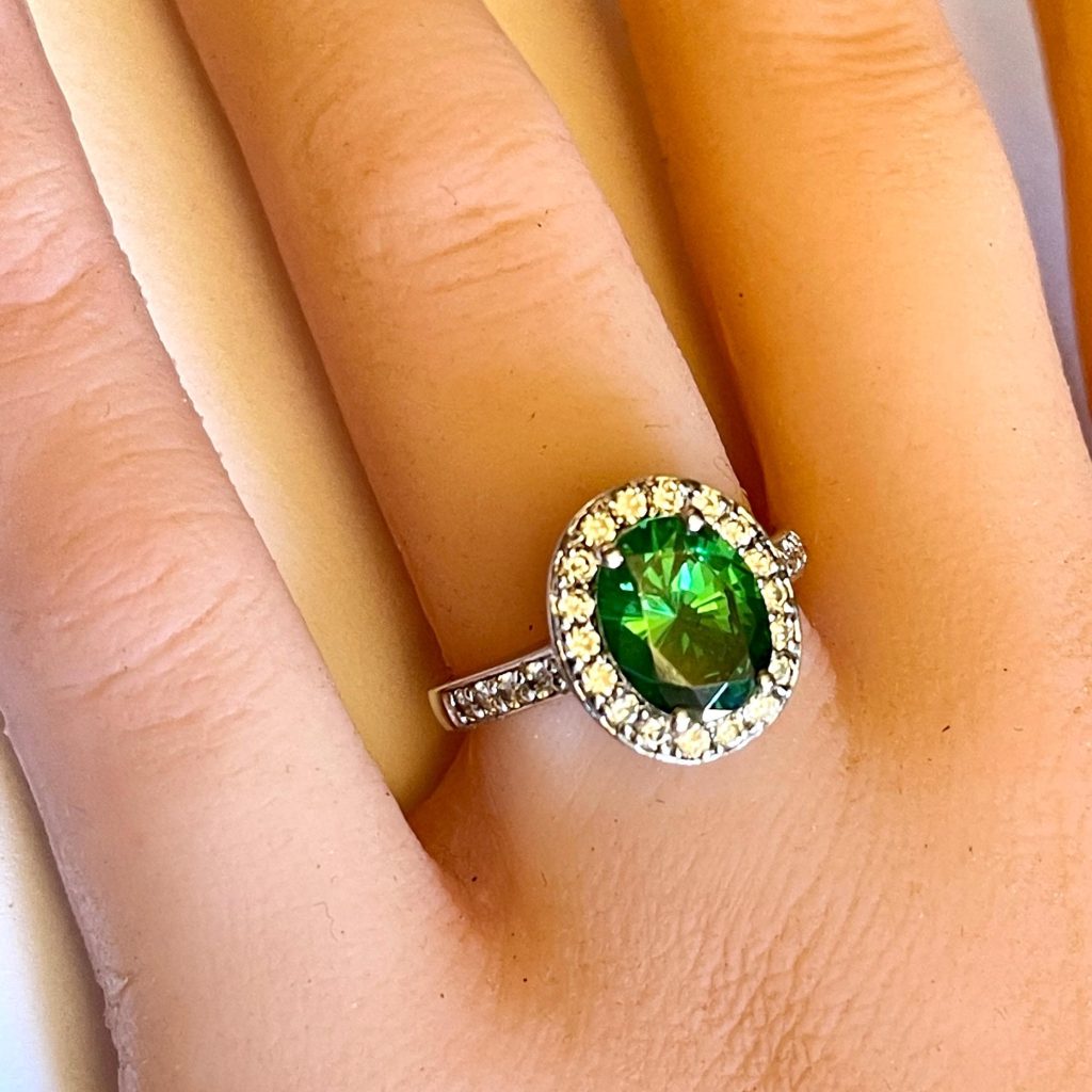 Oval green emerald halo Sterling Silver Ring size 6 for her