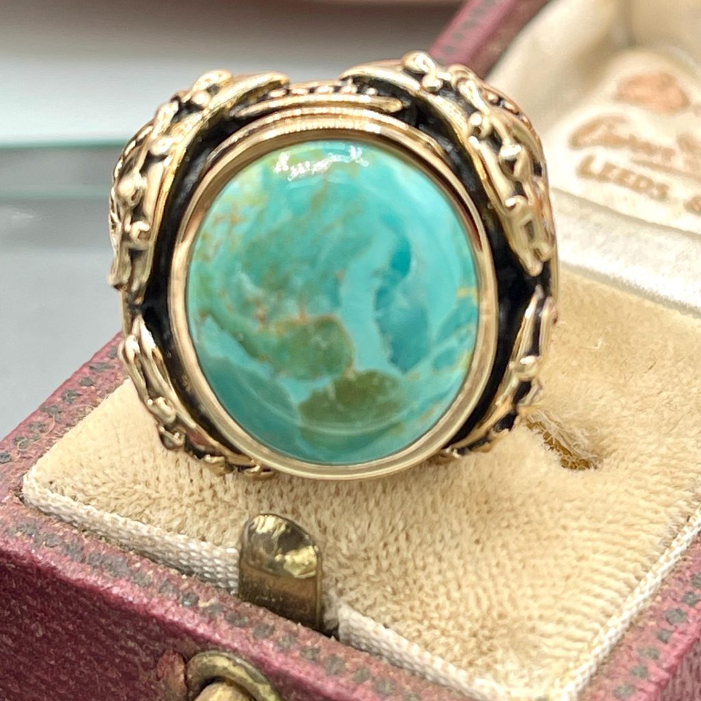 Barse Turquoise Statement Ring Gold Tone Ornate Setting Large Oval Cabochon Southwest Boho Jewelry