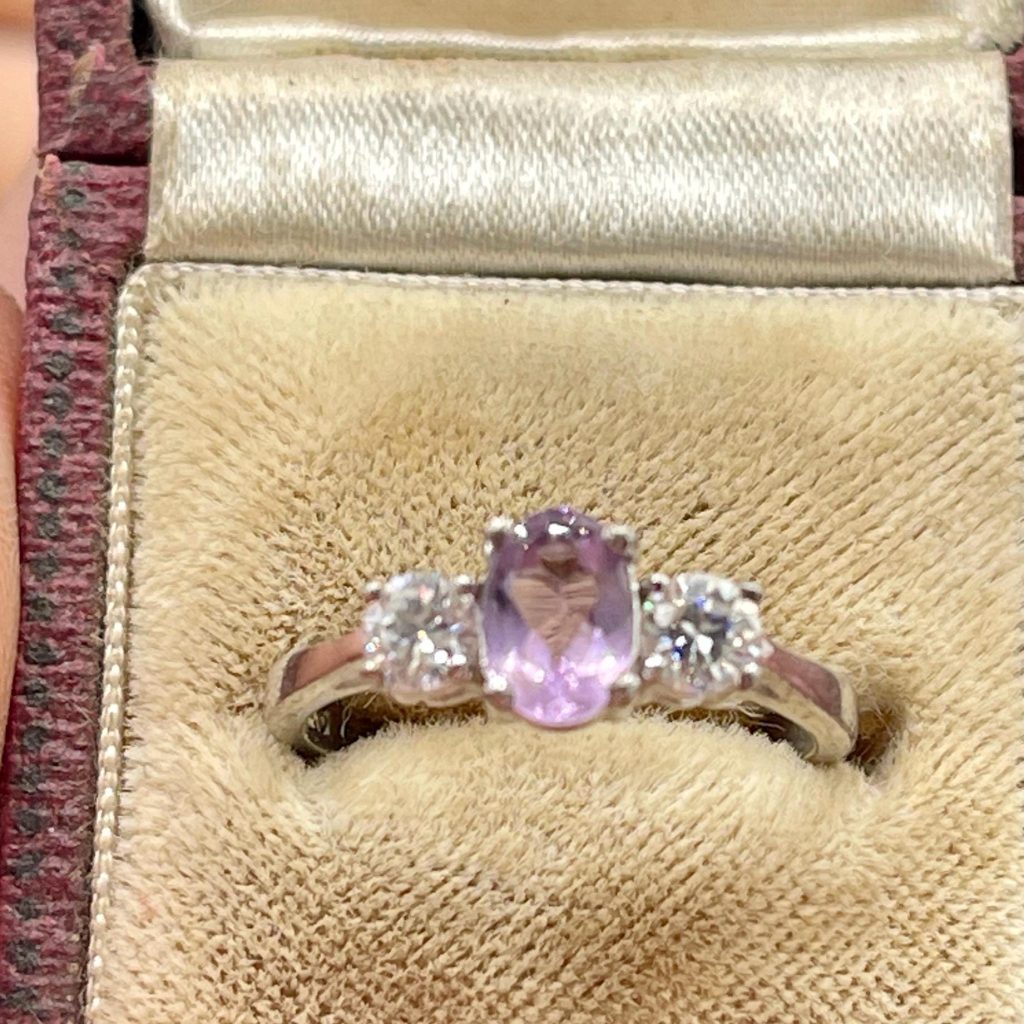 Vintage Art Nouveau lavender quartz and  Diamond Ring - white gold ring, Size 7
