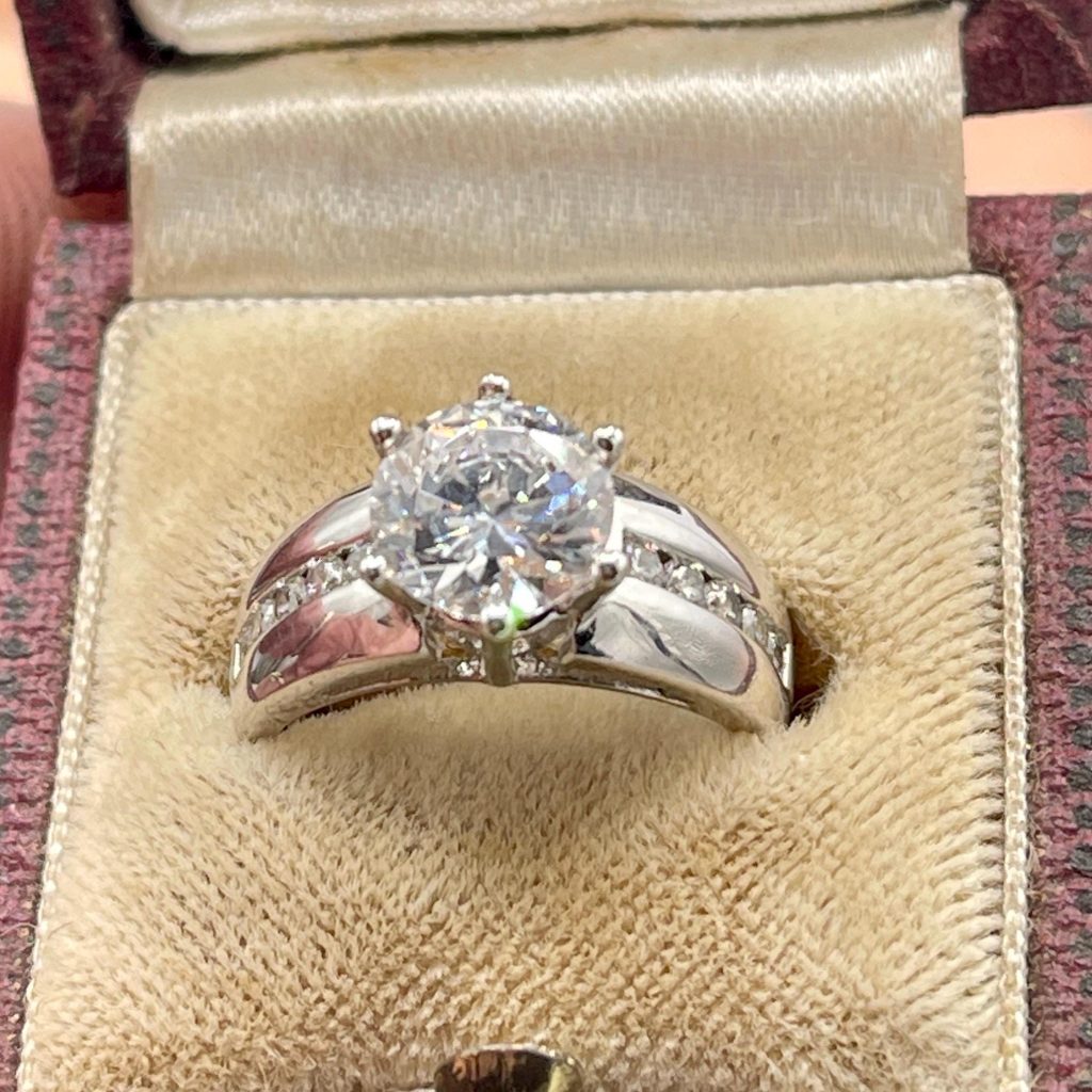 Vintage Engagement Ring: Sterling silver signed designer Cubic Zirconia, Size 6 ring for her