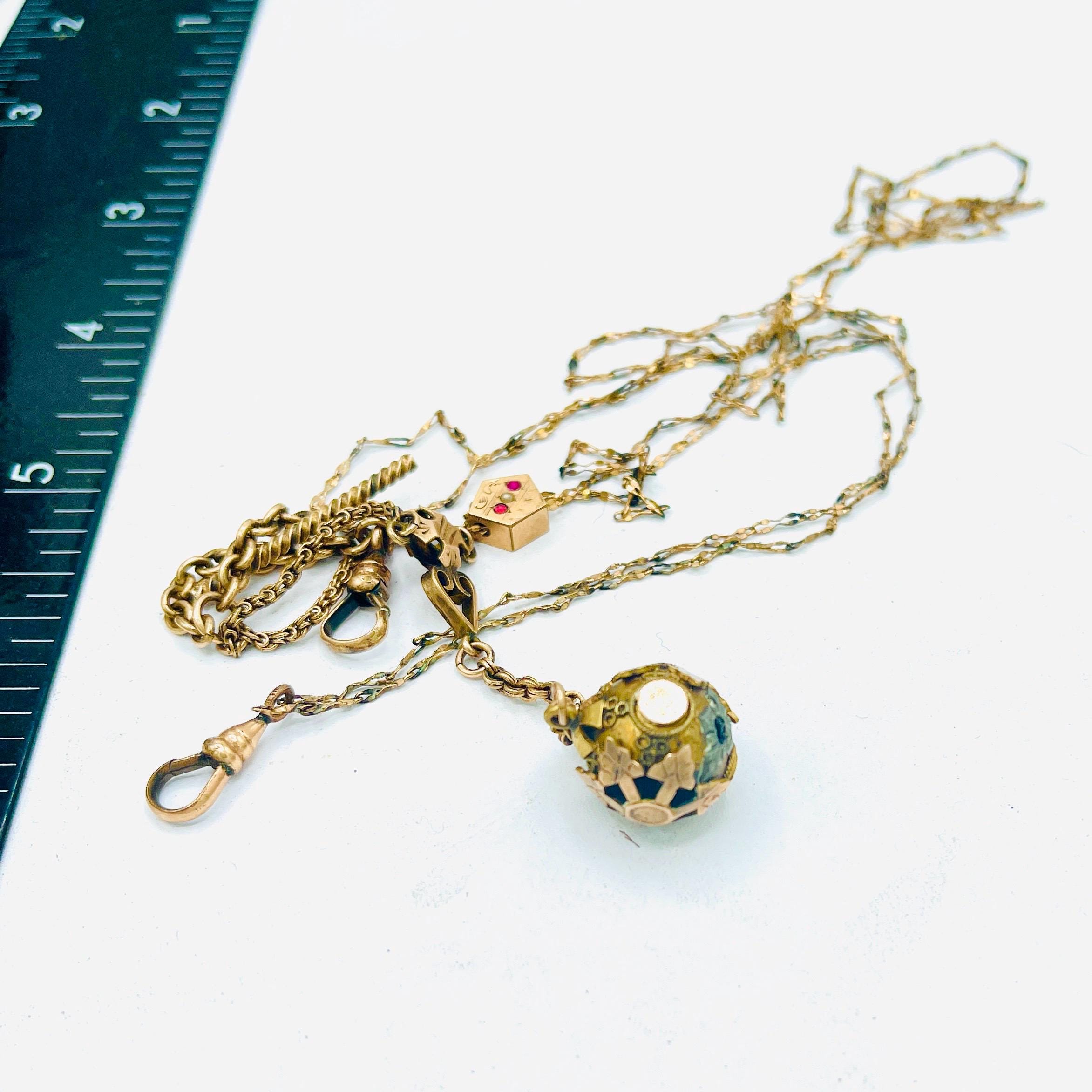 Victorian Ruby slide Orb watch fob Necklace - 14k Long Yellow Gold Chain - Image 2