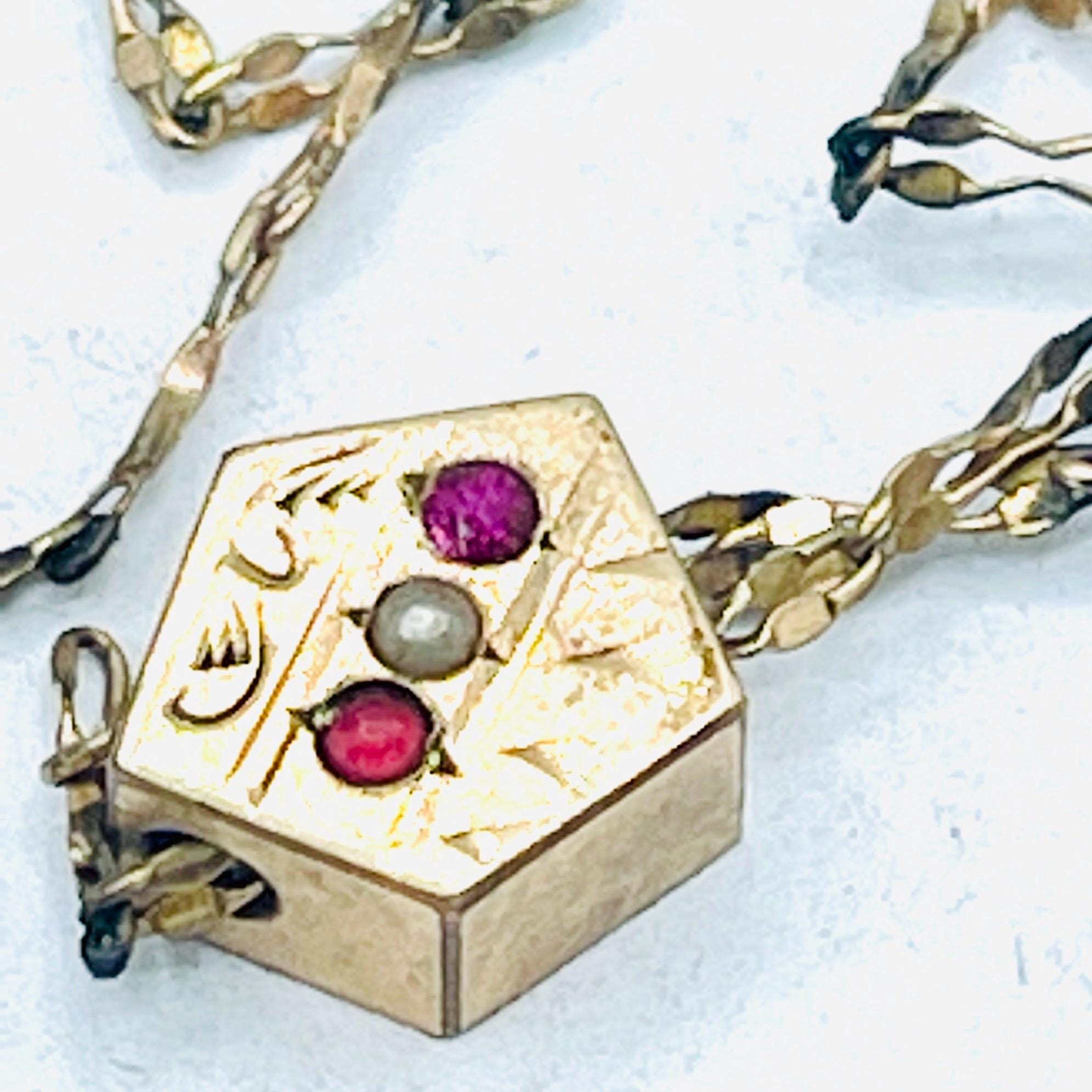 Victorian Ruby slide Orb watch fob Necklace - 14k Long Yellow Gold Chain - Image 3