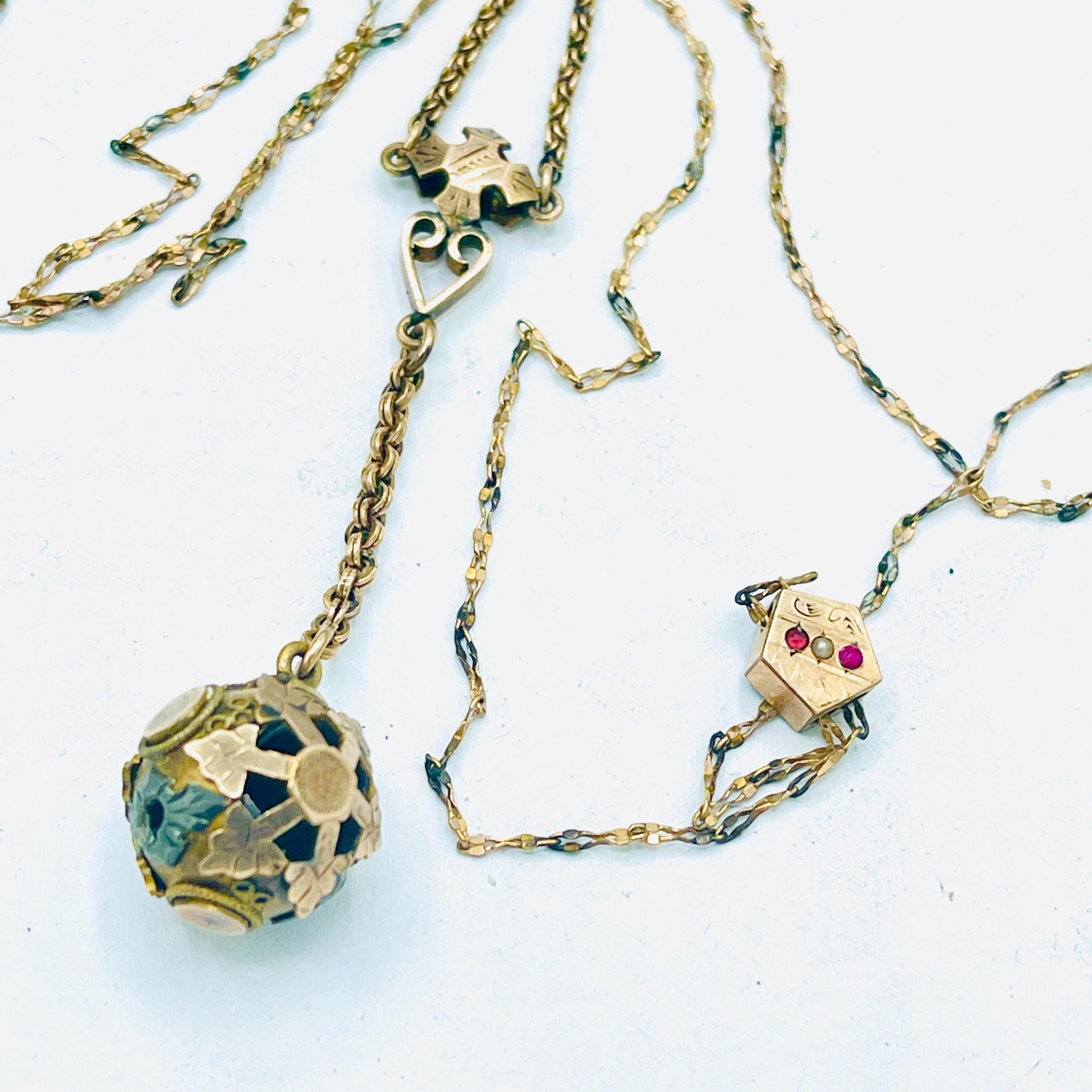 Victorian Ruby slide Orb watch fob Necklace - 14k Long Yellow Gold Chain - Image 8