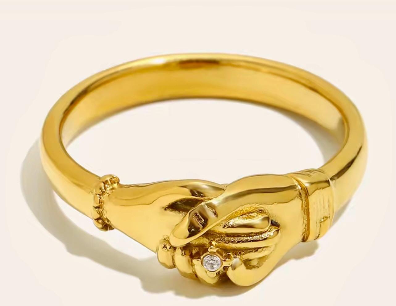 Victorian Fede Hands Ring, 18k Gold Vermeil, Simulated Diamond - Image 9
