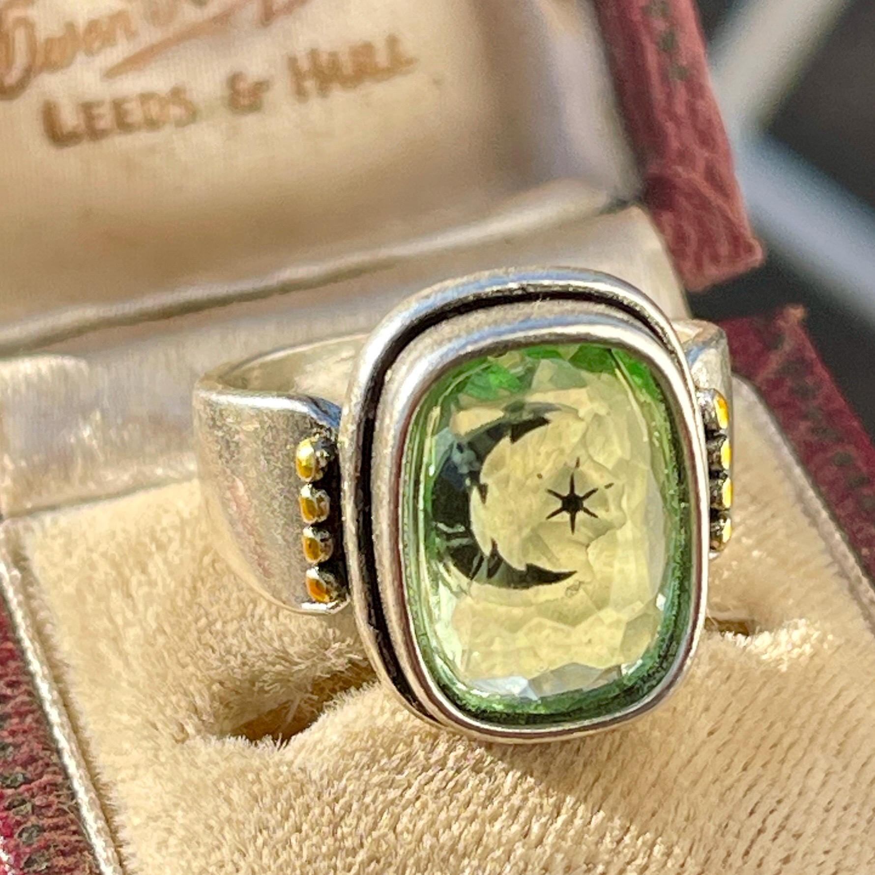 Silver Star Ring: Faceted Green Stone, Moon and Star Detail, Size 8