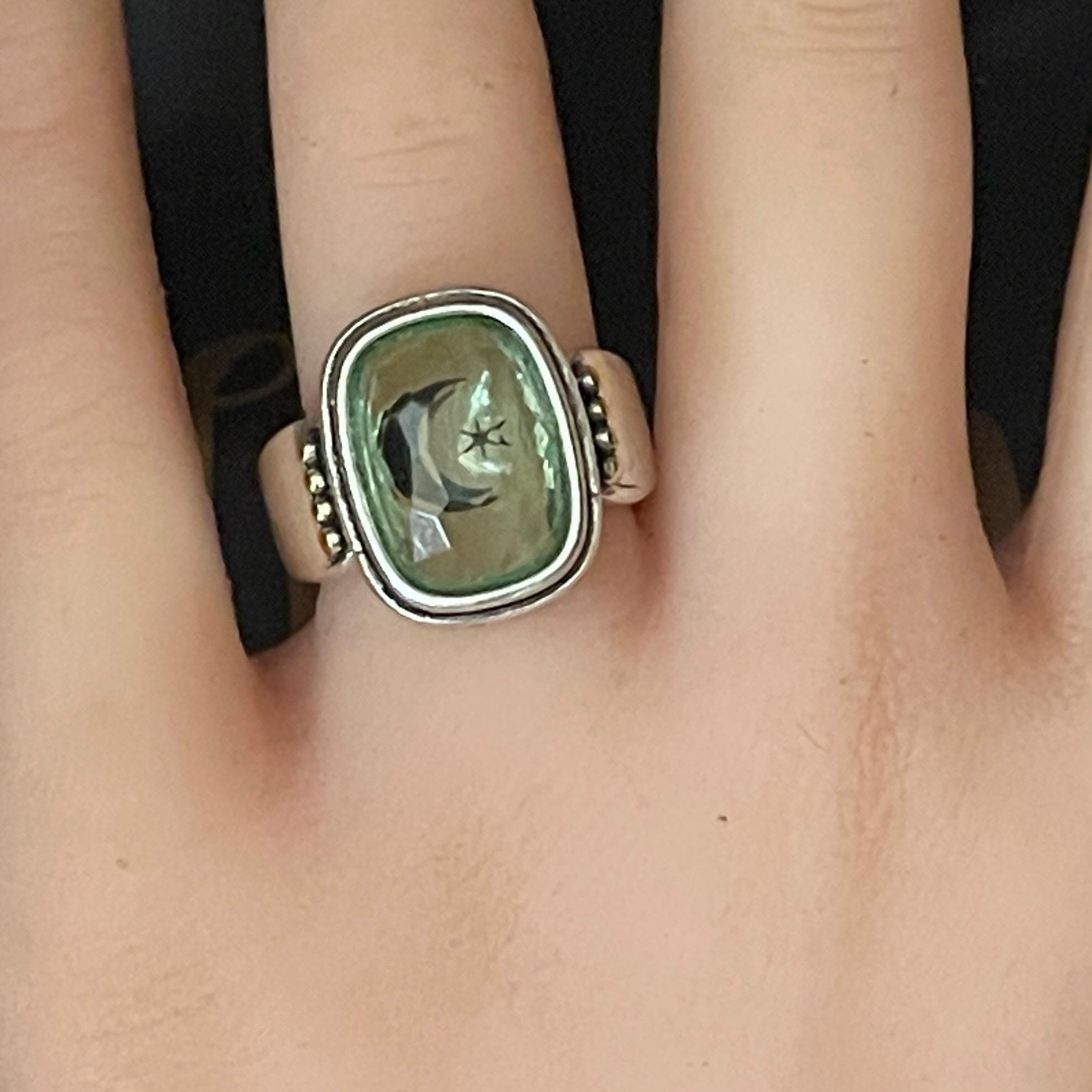 Silver Star Ring: Faceted Green Stone, Moon and Star Detail, Size 8 - Image 2