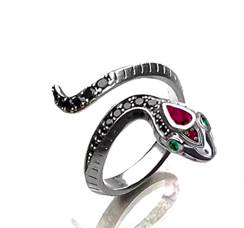 Ouroboros Snake Ring: Rebirth Symbol, Multi Gemstones, Sterling Silver, Adjustable Band