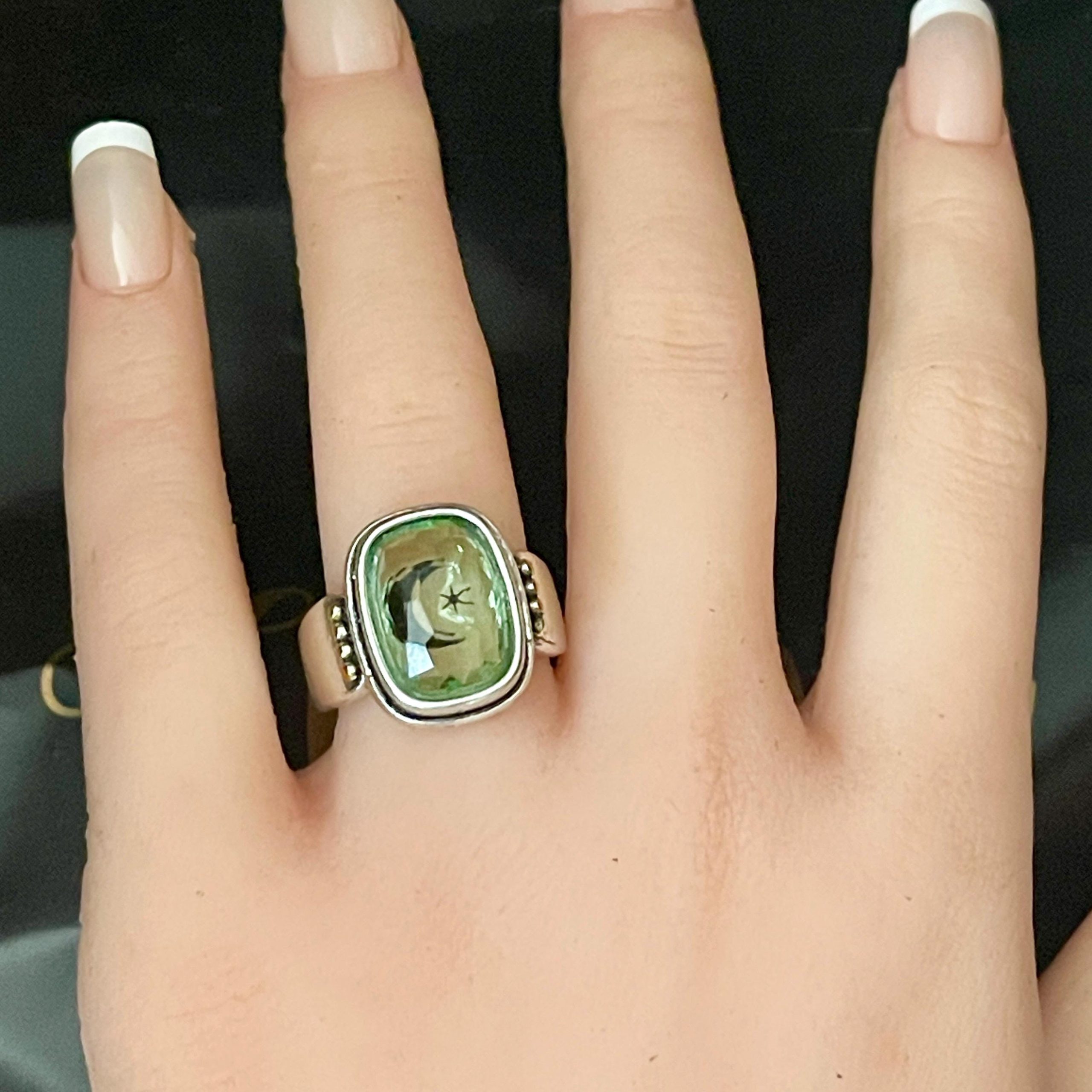 Silver Star Ring: Faceted Green Stone, Moon and Star Detail, Size 8 - Image 3