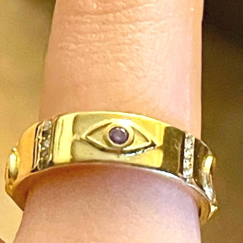 Victorian Love Token Gold Band Ring, Evil Eye, Heart, Moon Stars Amulet Ring