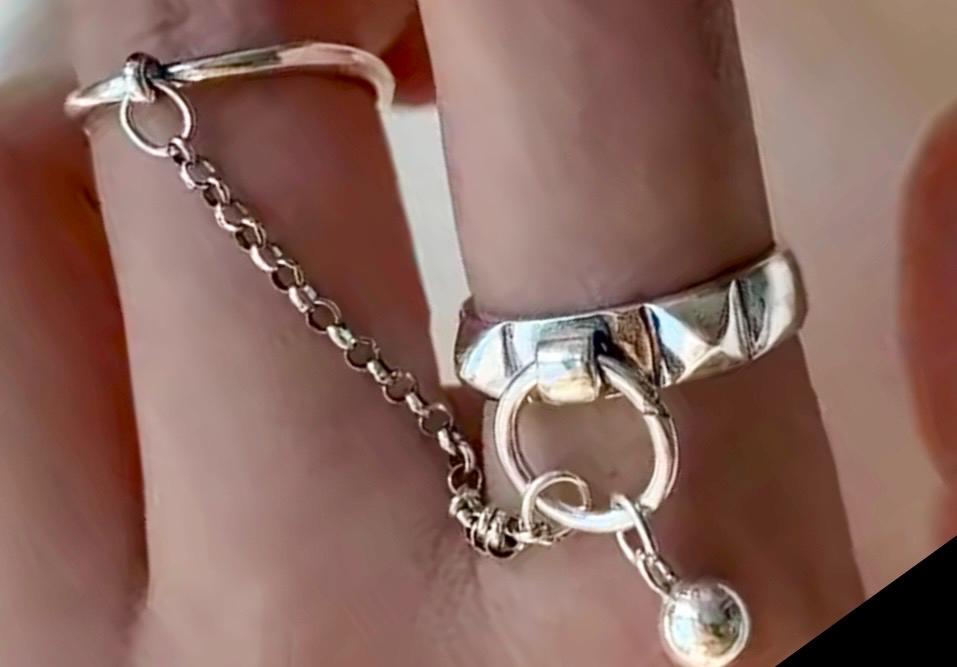 Studded Sterling Silver Stackable Rings, Connected Chain, Adjustable Silver Band - Image 3