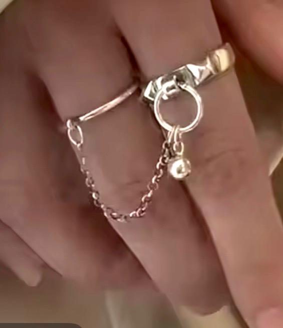 Studded Sterling Silver Stackable Rings, Connected Chain, Adjustable Silver Band - Image 4