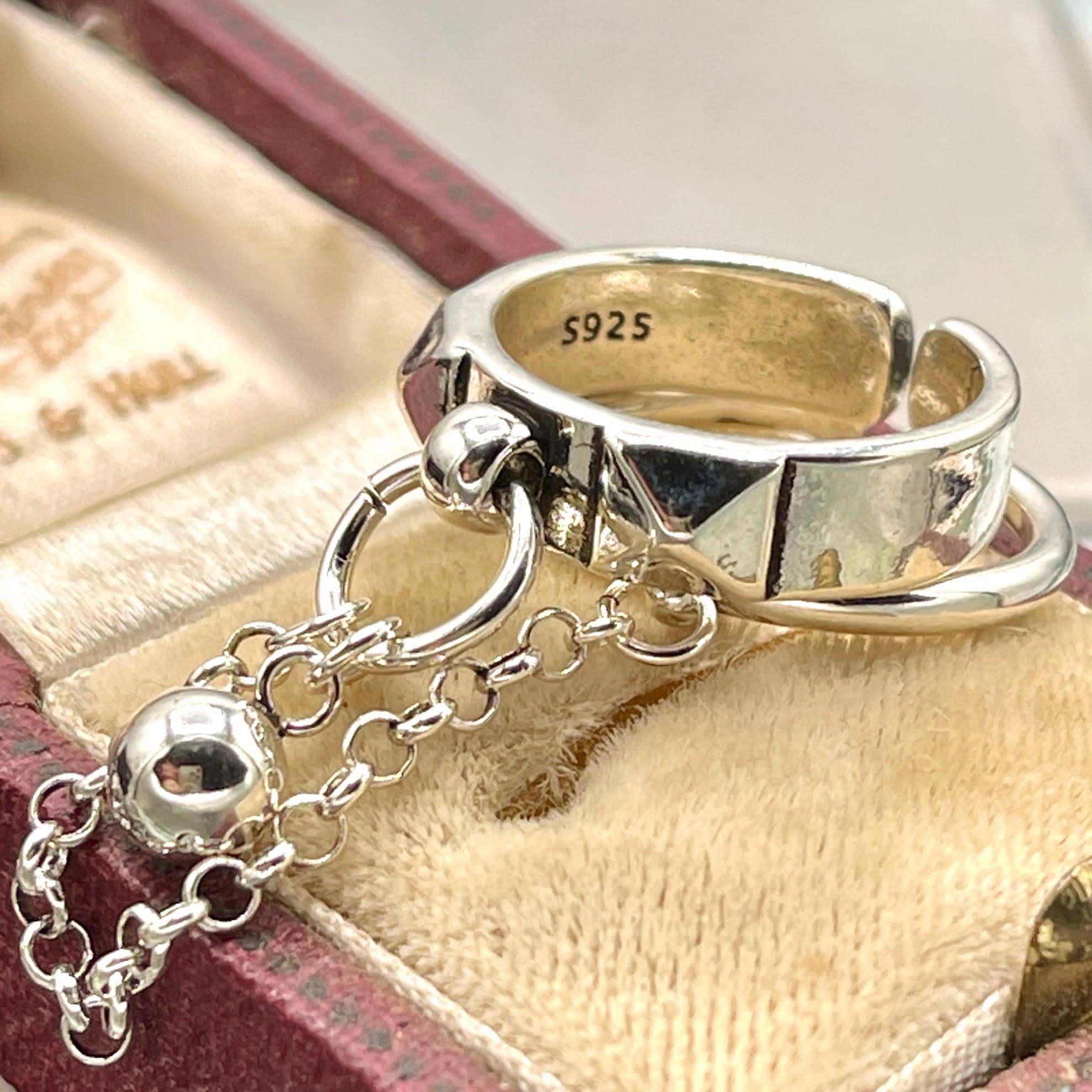 Studded Sterling Silver Stackable Rings, Connected Chain, Adjustable Silver Band - Image 7